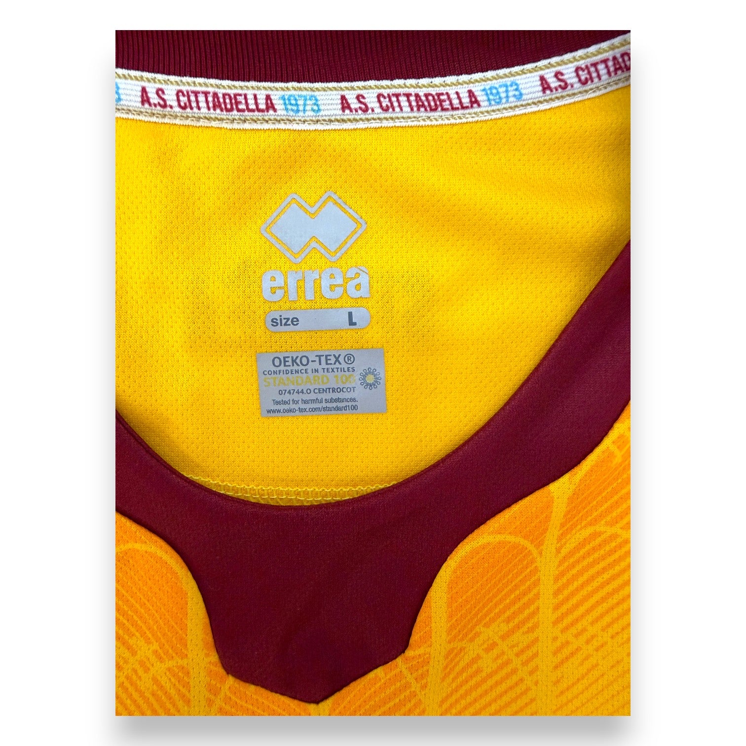 Etichetta interna taglia L maglia AS Cittadella 2024-25 Player Issued Erreà – AS Cittadella 1973 – OEKO-TEX Standard 100