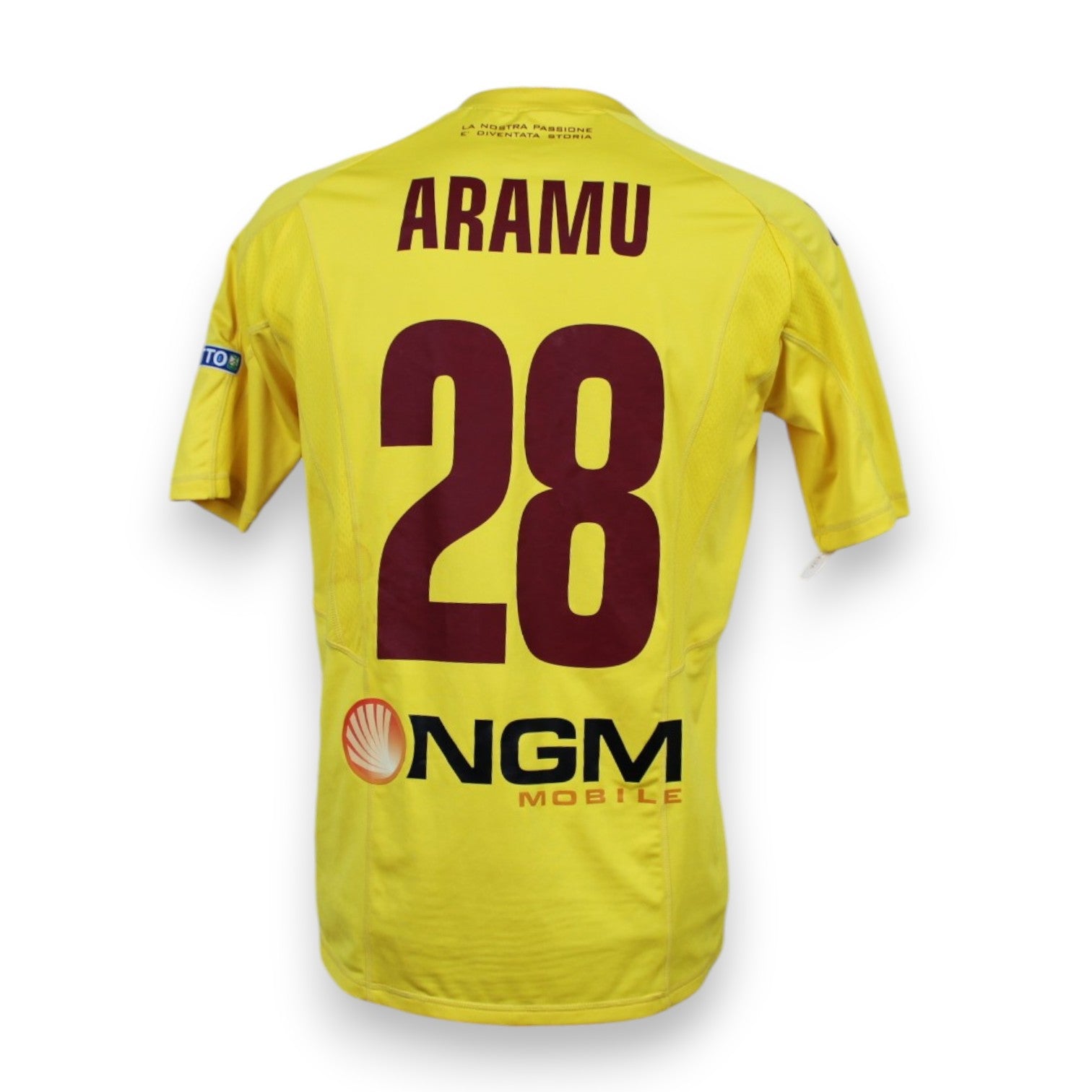 Maglia Trapani Away 2014-15 Player Issued Mattia Aramu numero 28 – Macron – sponsor NGM Mobile retro – patch Rispetto Serie B