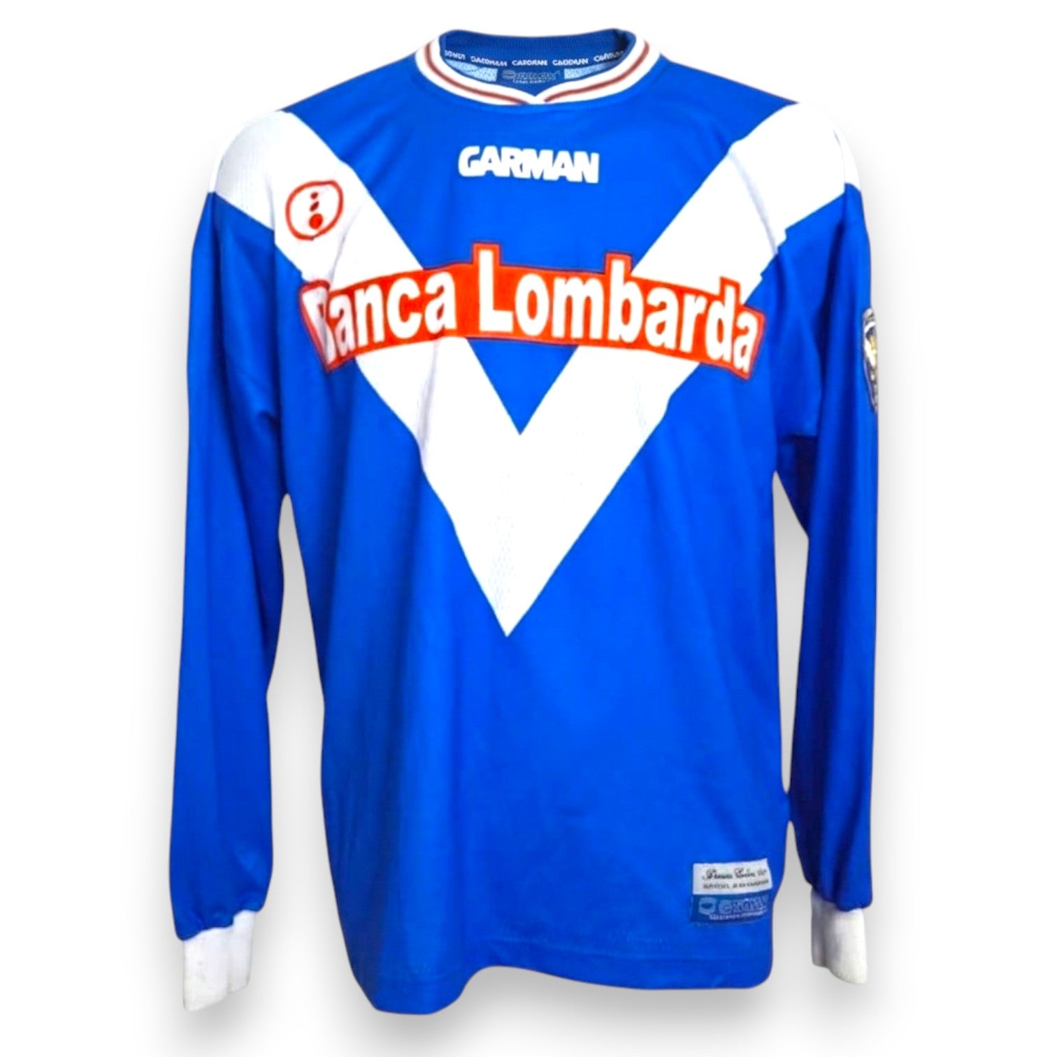 Fronte maglia Brescia Calcio Home 2001-02 Garman manica lunga – sponsor Banca Lombarda – stemma Brescia Calcio – Store Vintage taglia XL