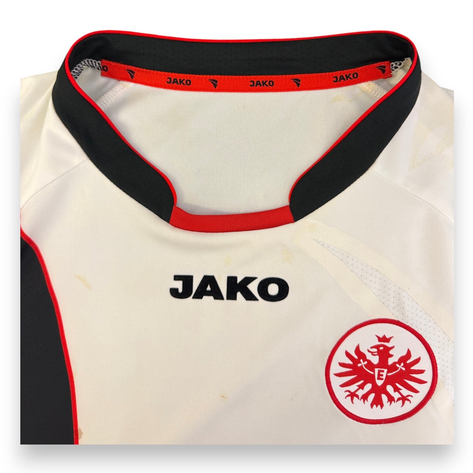 Dettaglio colletto Player Issued maglia Eintracht Frankfurt 2007-08 Jako – sponsor interno T-Home – taglia L
