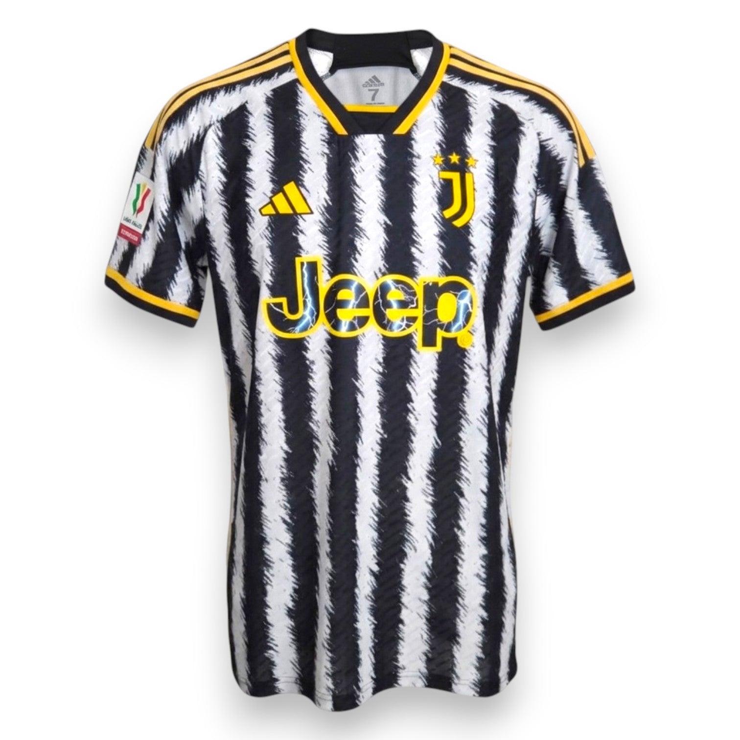 Fronte maglia Juventus Home 2023-24 Player Issued – Adidas HEAT.RDY zebra brushstroke – sponsor Jeep giallo – taglia 7