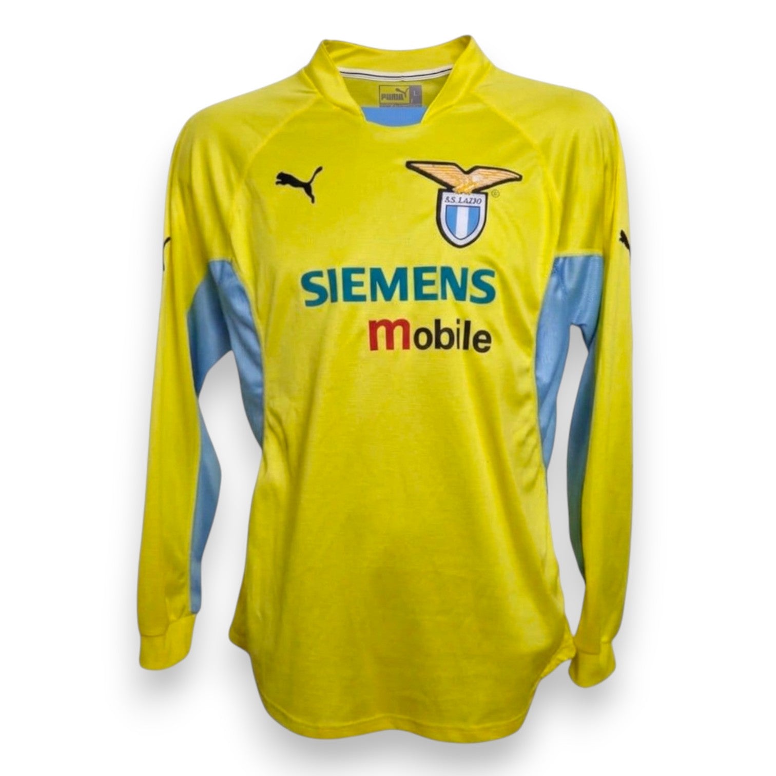 Fronte maglia SS Lazio Away 2002-03 Player Issued N.7 Claudio López – Puma – sponsor Siemens Mobile – stemma aquila biancoceleste