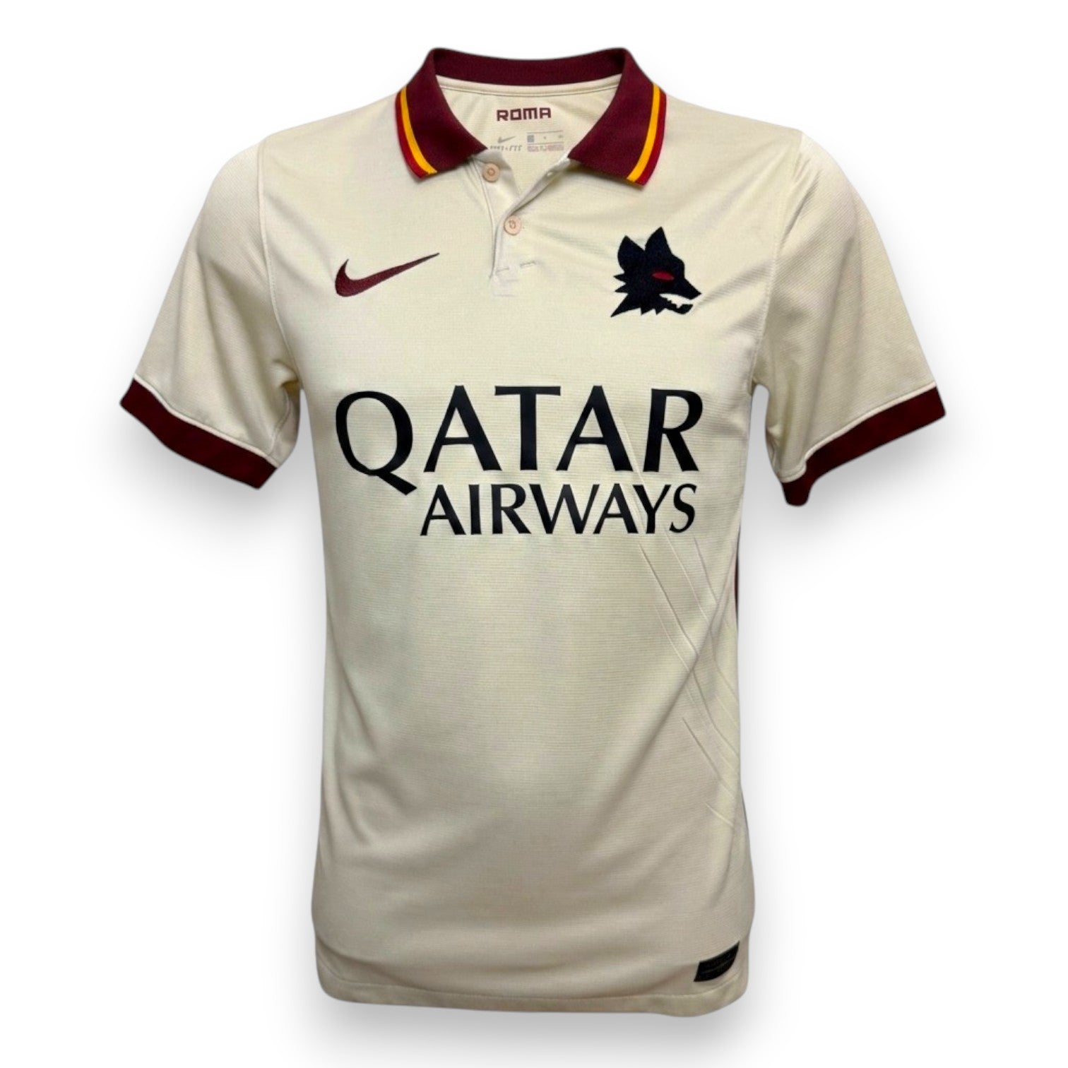 Fronte maglia Roma Away 2019-20 Nike Store – stemma Lupetto – sponsor Qatar Airways – bianco bordeaux