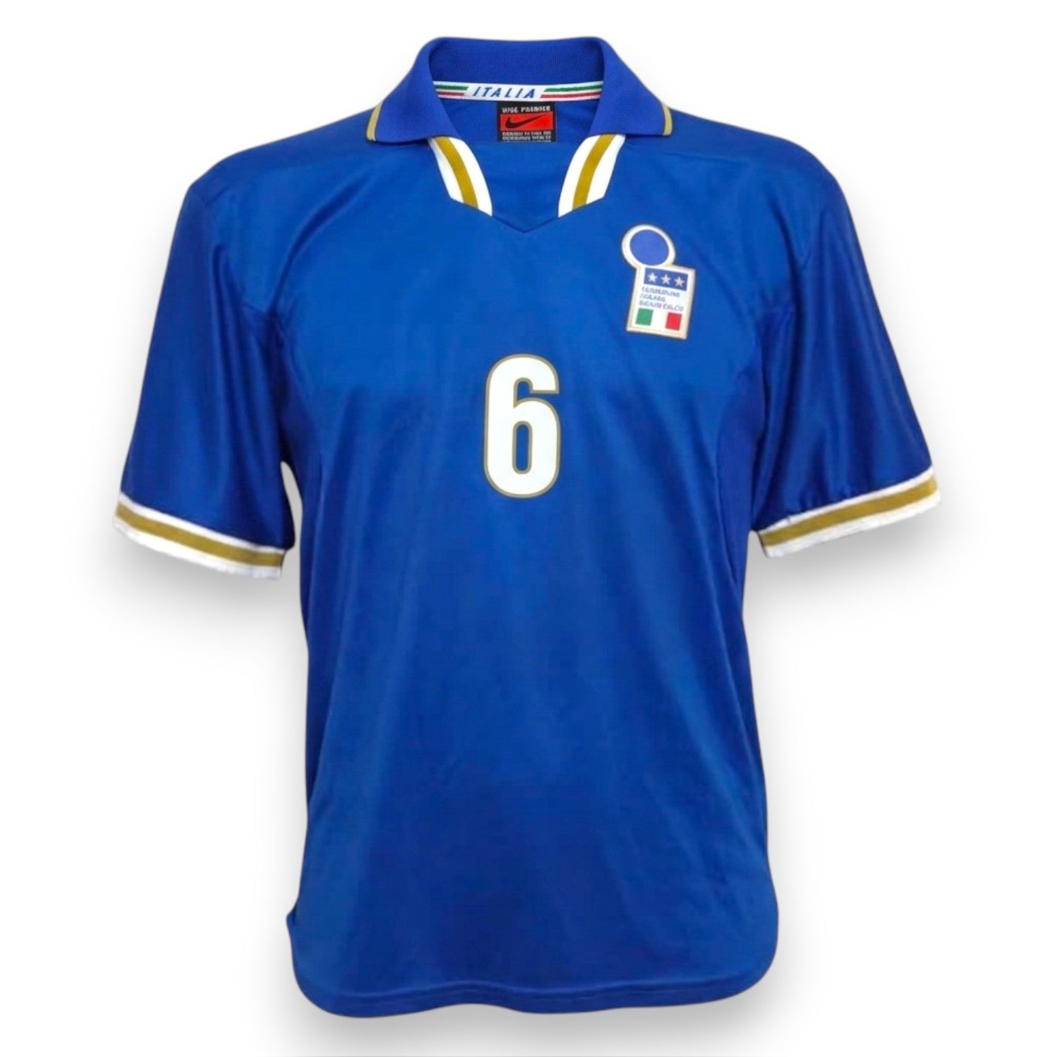 Maglia Italia Home 1996 Nike fronte – collo e polsini bianco oro – N.6 Ferrara