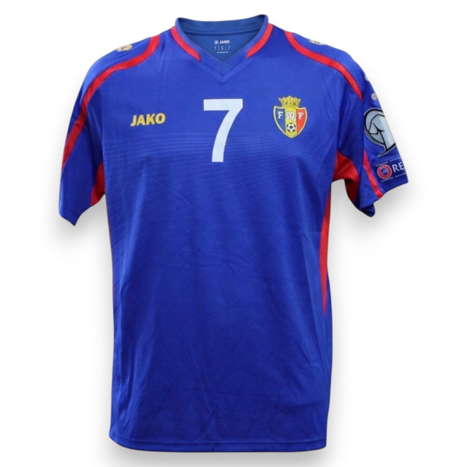 Fronte maglia Moldova Home 2014-15 Player Issued Artur Ioniță numero 7 – Jako – stemma FMF – patch UEFA Euro 2016 Qualifying – UEFA Respect
