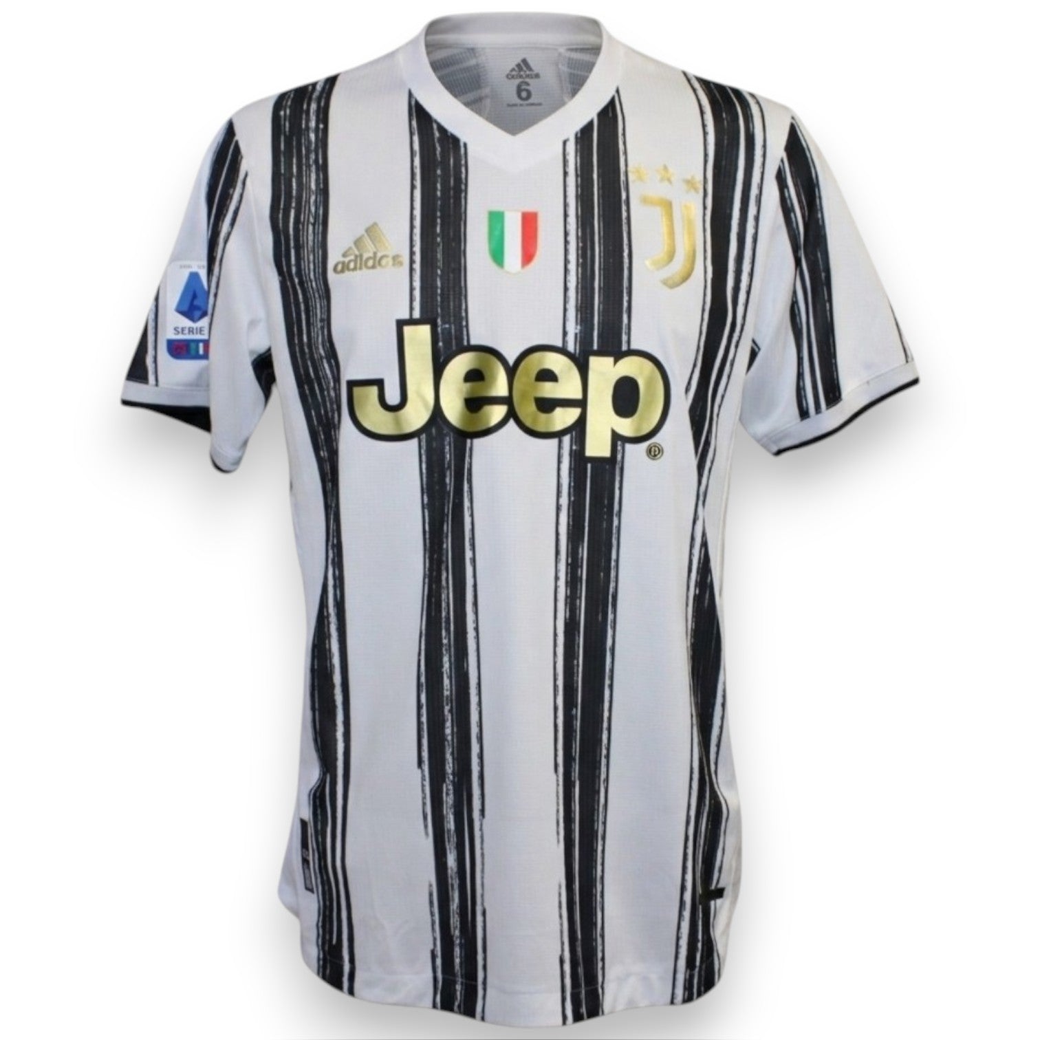 Fronte maglia Juventus Home 2020-21 Player Issued Adidas – sponsor Jeep oro – logo JJ – scudetto tricolore – taglia 6