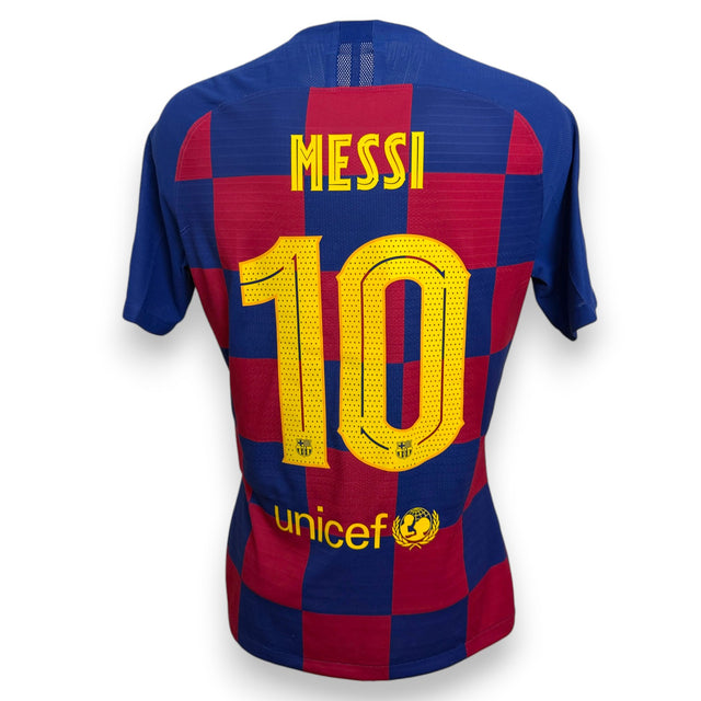 Maglia FC Barcelona Home 2019-20 Player Issued Lionel Messi numero 10 – Nike Vaporknit – sponsor retro Unicef – scacchi blu granata