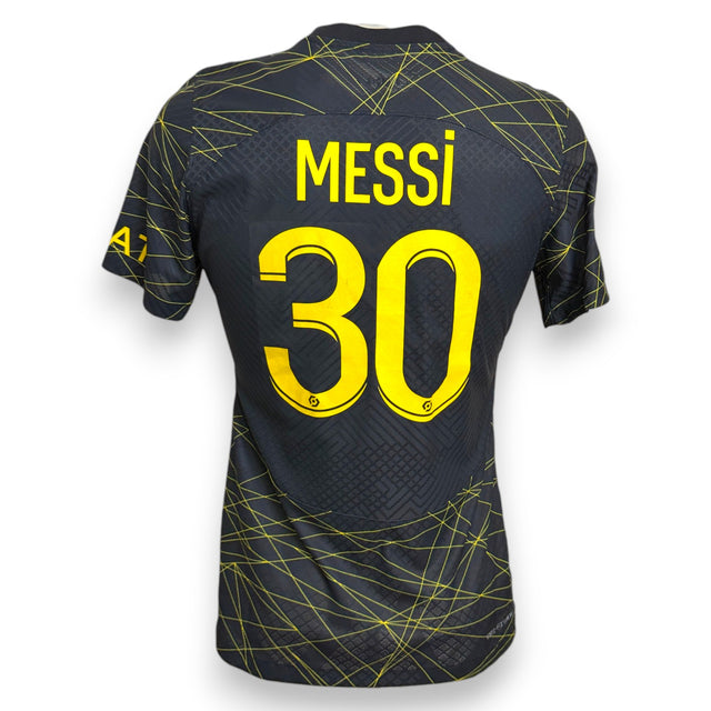 Maglia PSG Fourth 2022-23 Player Issued Lionel Messi numero 30 – Jordan Brand – nero con linee gialle – Ligue 1