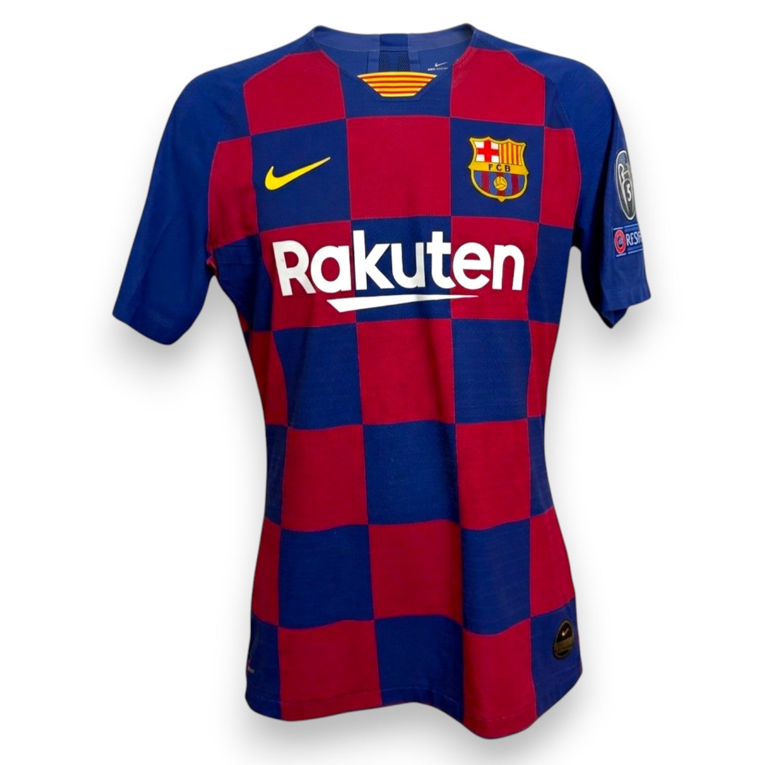 Fronte maglia FC Barcelona Home 2019-20 Player Issued – Nike Vaporknit – sponsor Rakuten – scudo FCB – patch UCL Starball e UEFA Respect