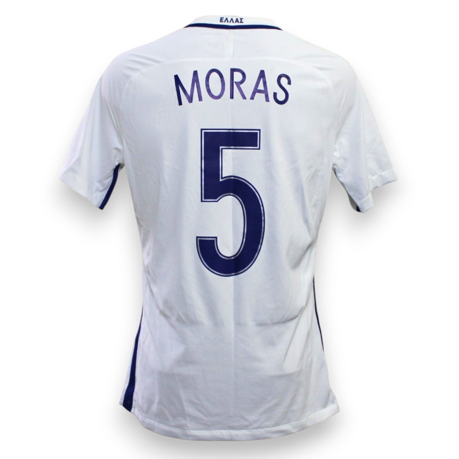 Retro maglia Grecia Home 2016-17 Player Issued Vangelis Moras numero 5 – Nike Dri-Fit – scritta ΕΛΛΑΣ – fornitura squadra nazionale greca