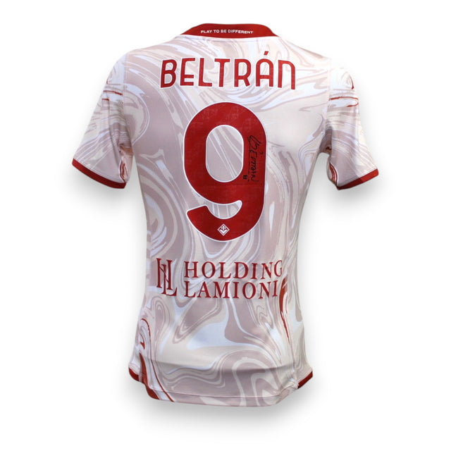 Retro maglia Fiorentina 2023-24 numero 9 Beltrán autografata originale – autografo pennarello nero sul numero 9 – Kappa Fourth Kit