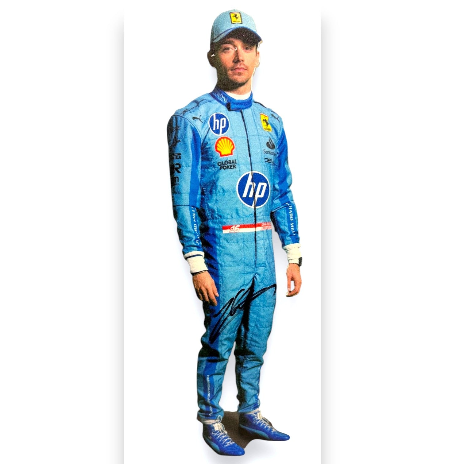 Forex Stand Cutout autografato Charles Leclerc tuta Ferrari HP azzurra Gran Premio Miami 2024 – autografo pennarello nero – 34x12x5 cm – COA incluso