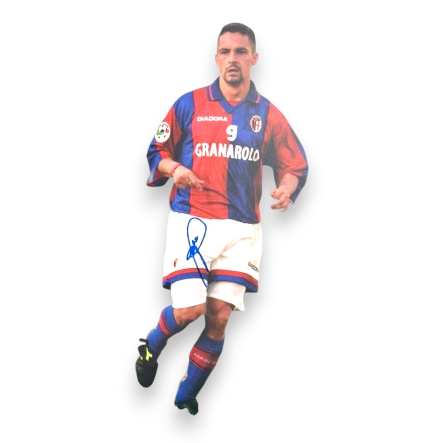 Sagoma autografata Roberto Baggio maglia Bologna 1997-98 – Forex Stand Cutout – autografo originale pennarello blu – condizioni Excellent