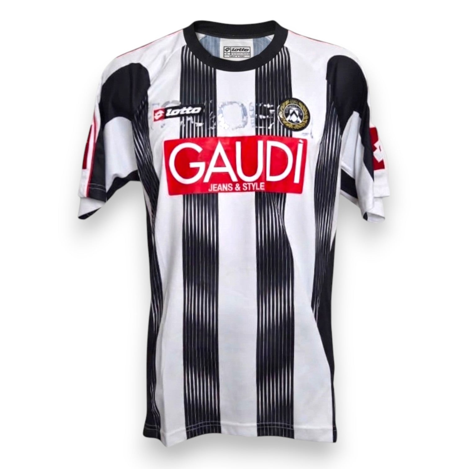 Fronte maglia Udinese Home 2007-08 Player Issued Simone Pepe – Lotto – sponsor Gaudì Jeans & Style – strisce bianconere