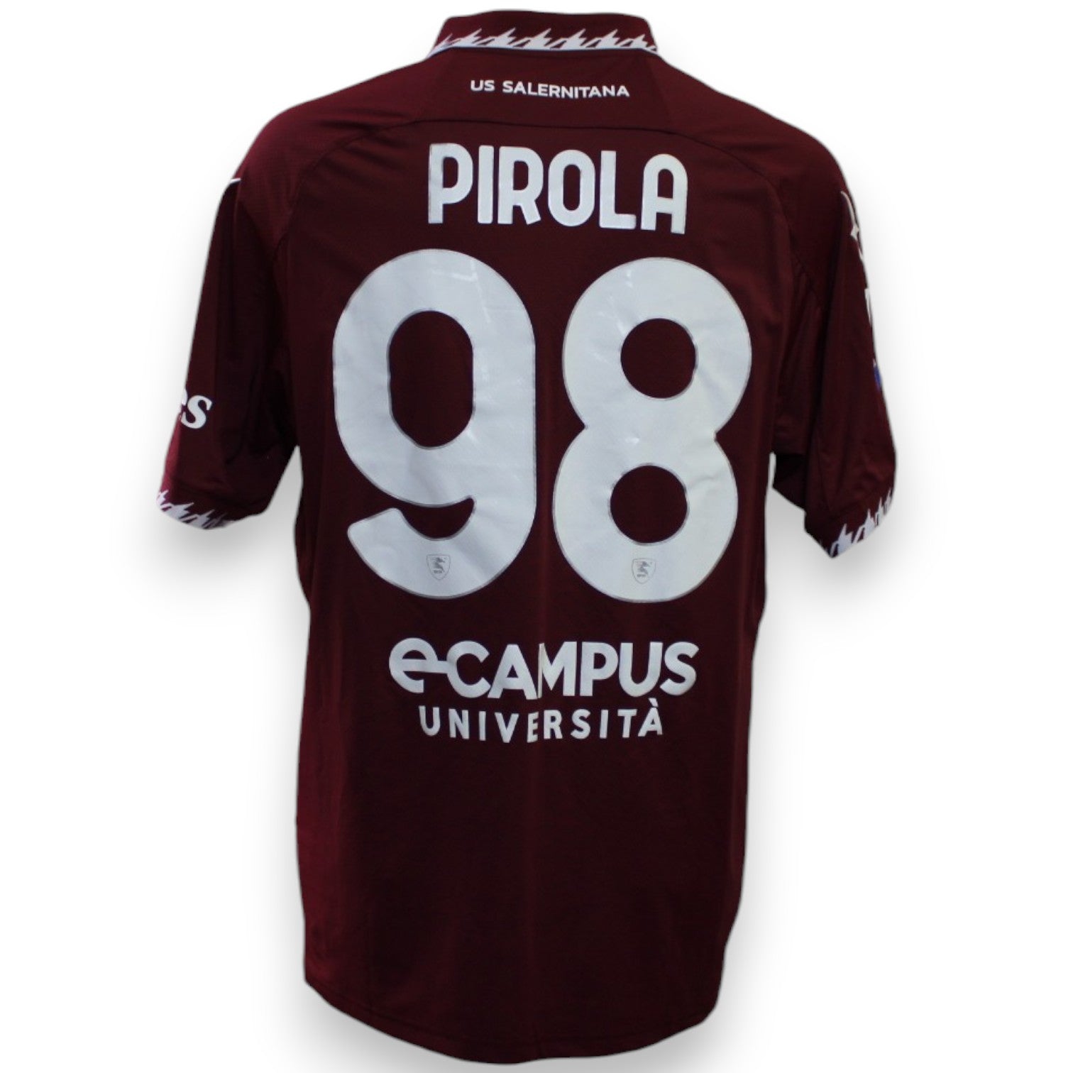 Maglia Salernitana Home 2023-24 Player Issued Lorenzo Pirola numero 98 – Zeus – sponsor eCampus Università – Serie A TIM