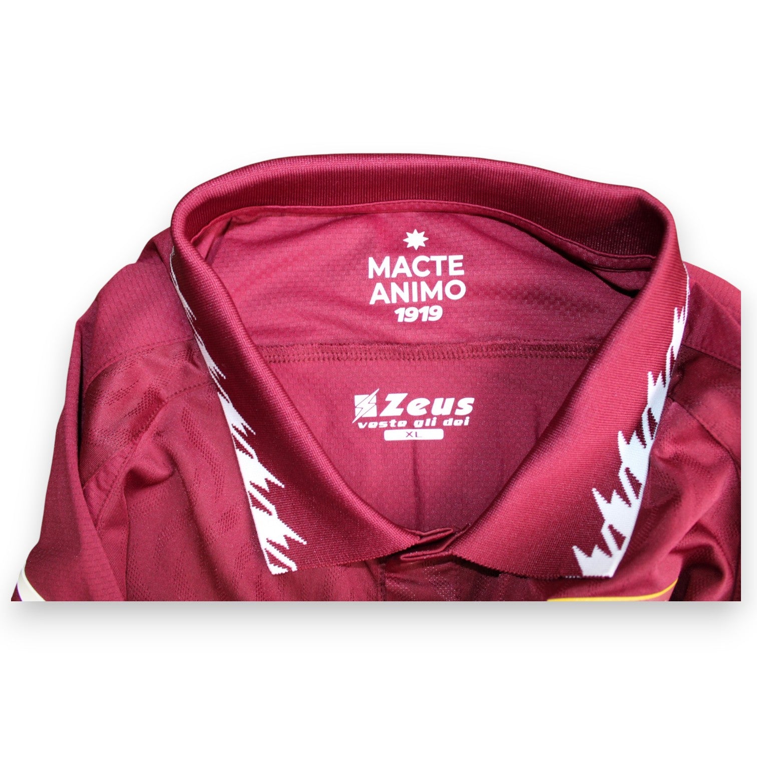 Etichetta collo interno maglia Salernitana Home 2023-24 – Zeus veste gli dei taglia XL – scritta Macte Animo 1919 – Player Issued Lorenzo Pirola