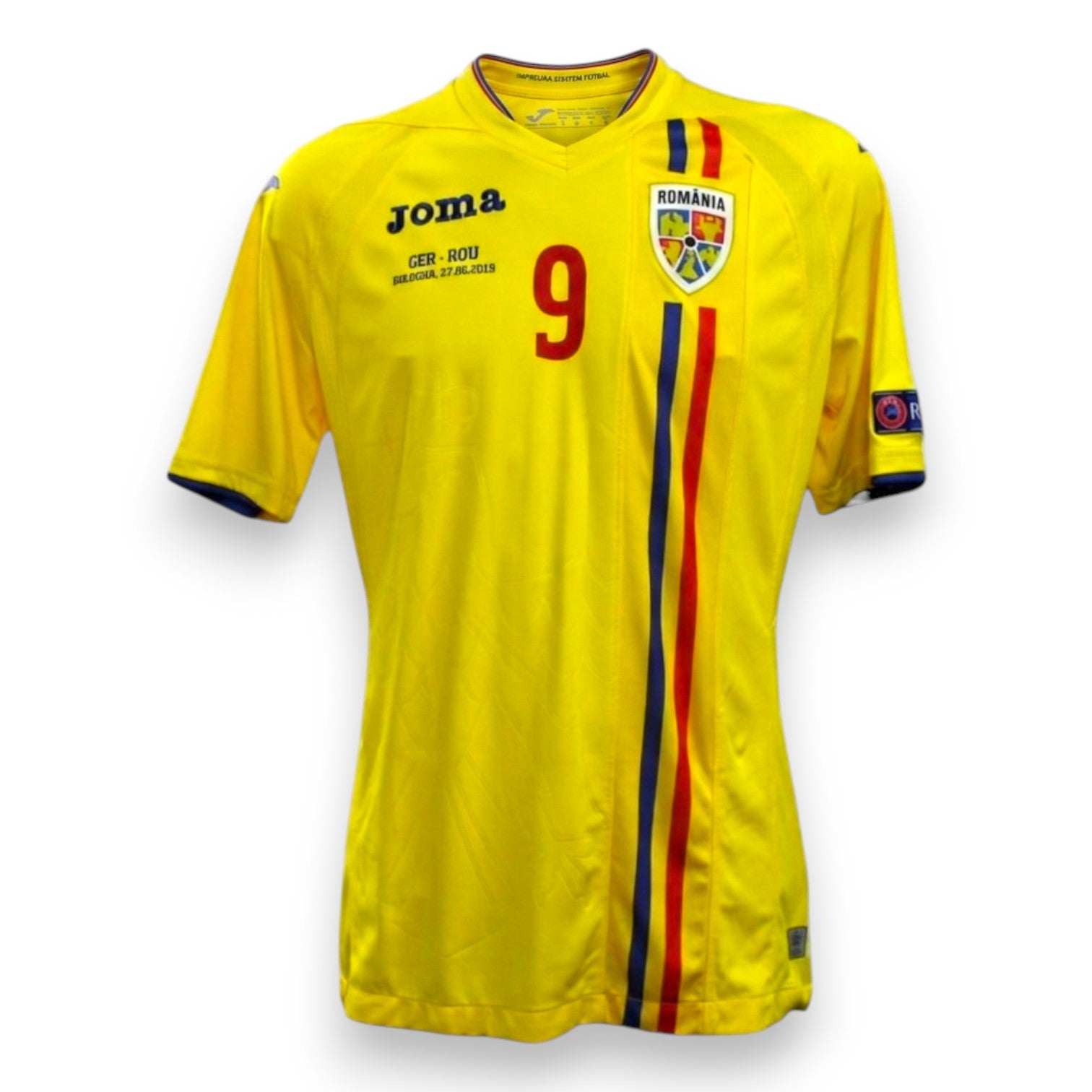 Fronte maglia Romania Under-21 Home 2019 Match Issue Pușcaș numero 9 – Joma – patch ricamata GER-ROU Bologna 27.06.2019 – patch UEFA Respect – semifinale U21 Euro