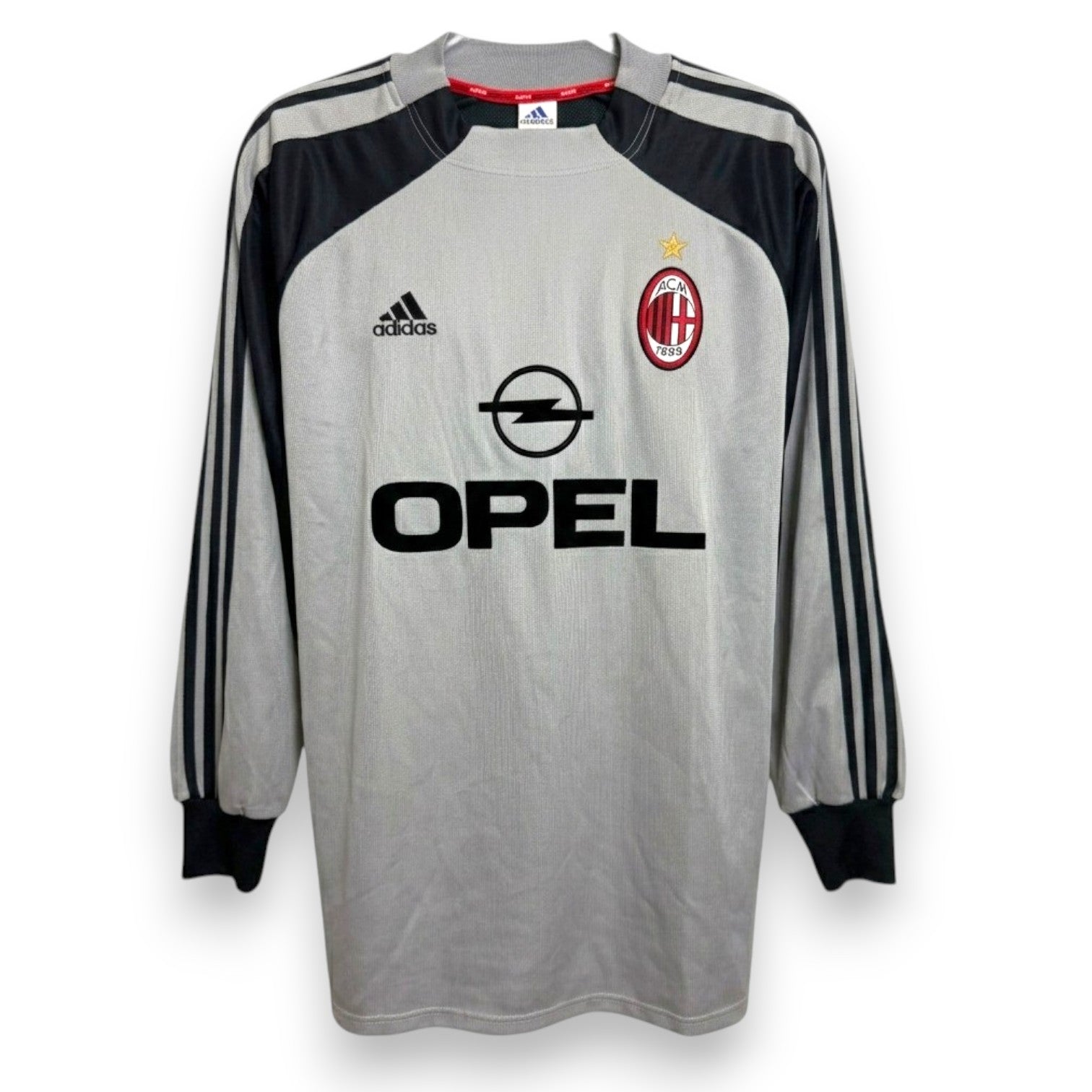 Fronte maglia Milan GK 2001-02 Adidas Vintage – sponsor Opel – stemma AC Milan – manica lunga portiere grigio