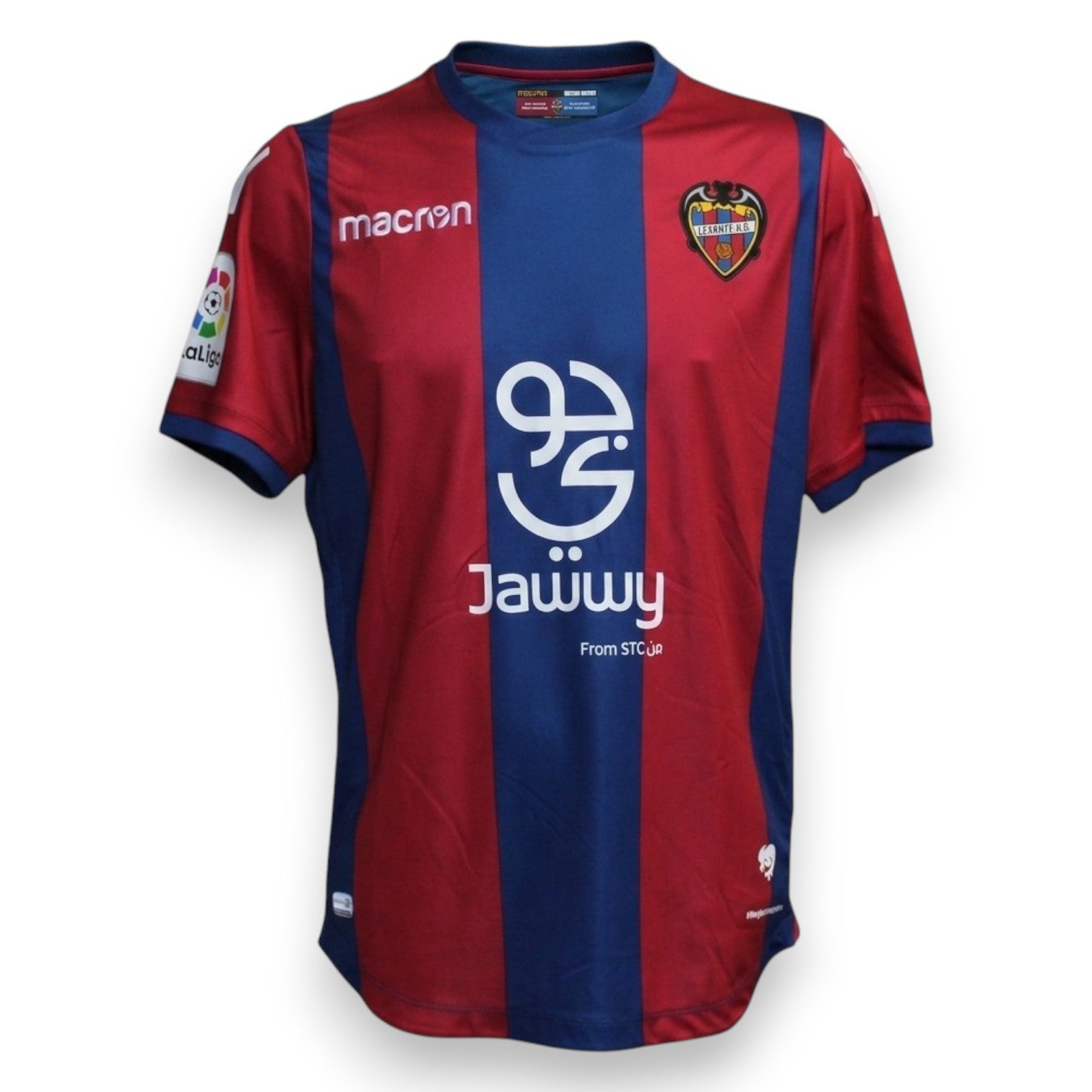 Fronte maglia Levante UD Home 2017-18 Player Issued Armando Sadiku – Macron – sponsor Jawwy STC – patch LaLiga Santander – strisce rosso blu