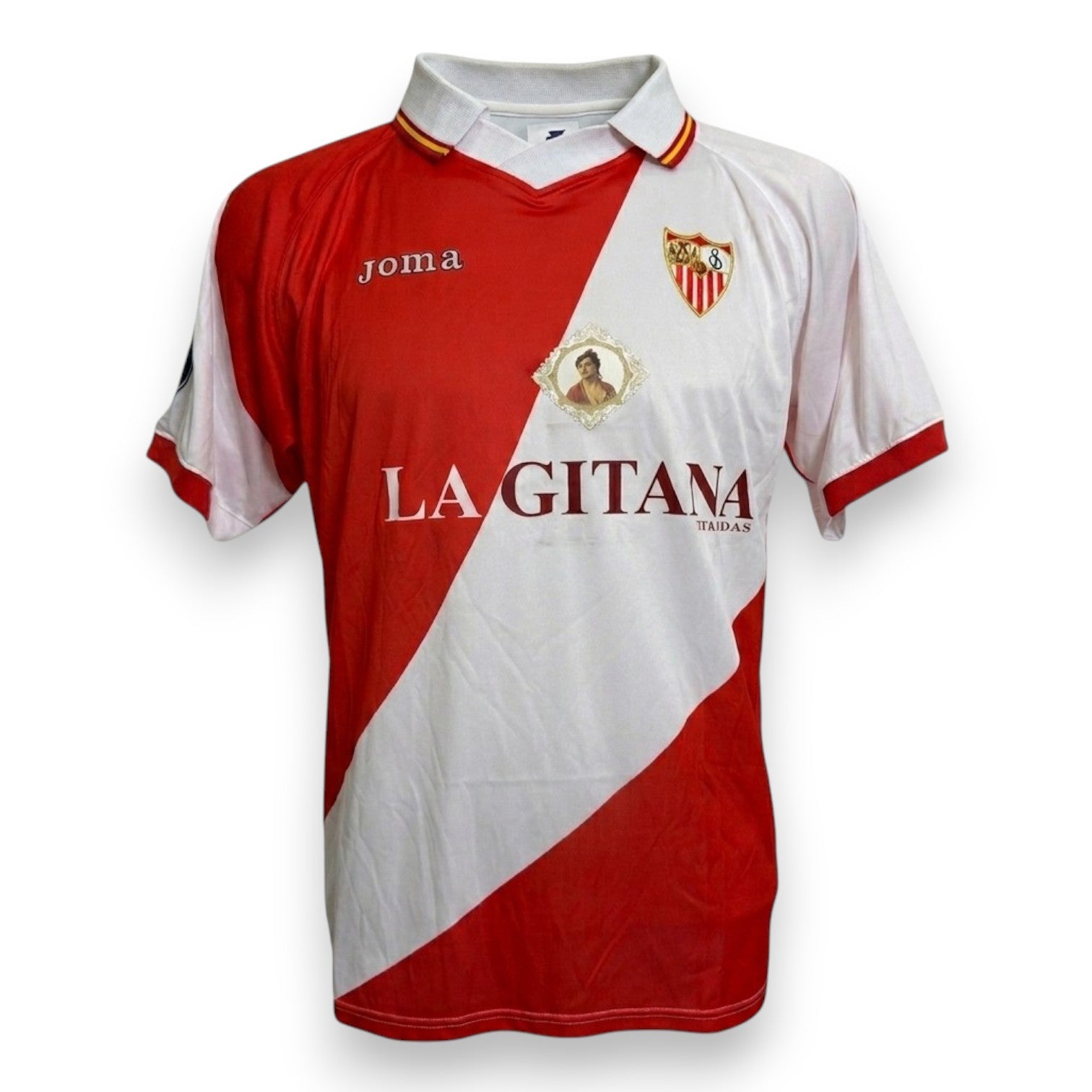 Fronte maglia Siviglia FC European Home 2004-05 Player Issued Joma – sponsor La Gitana – design diagonale bianco rosso – Coppa UEFA