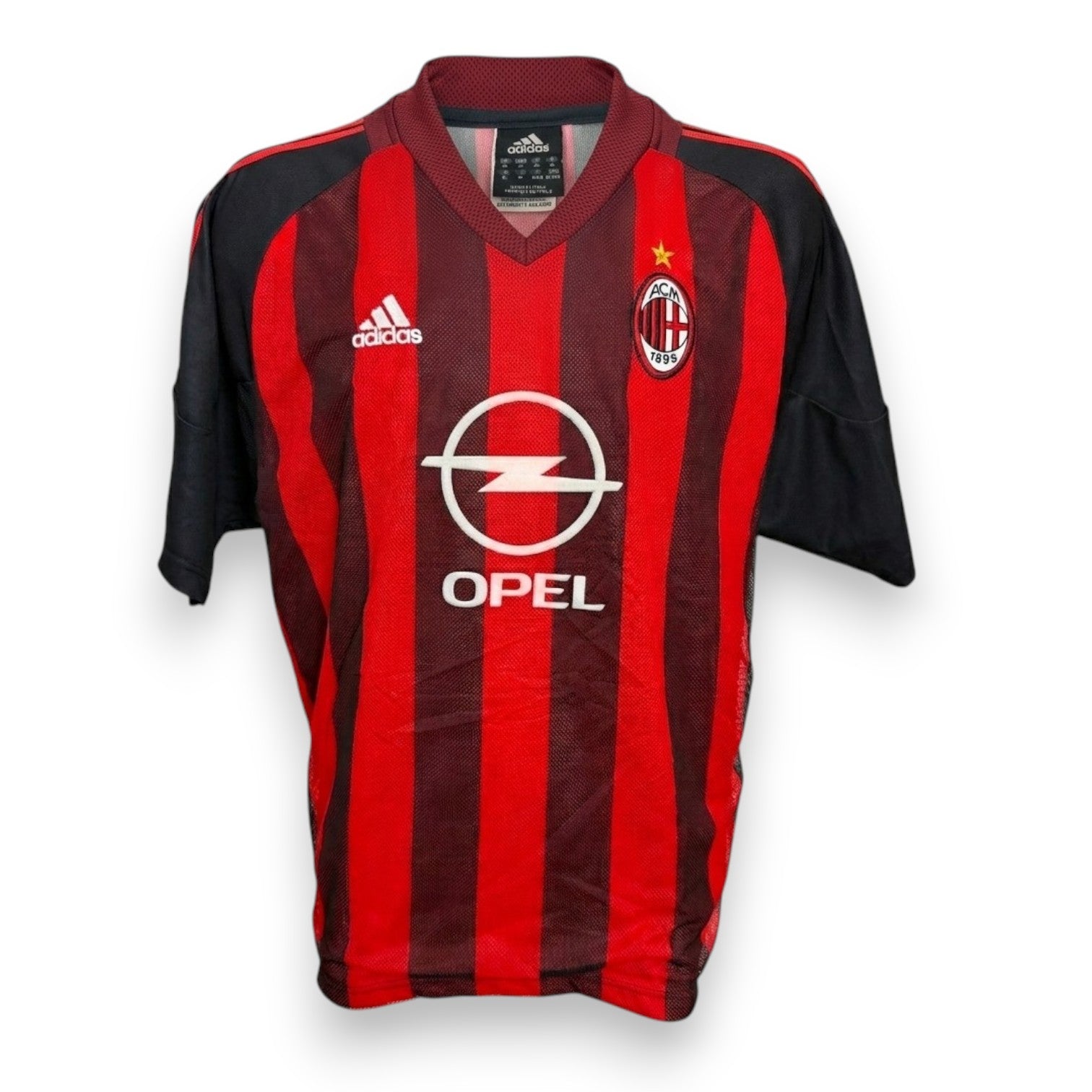 Fronte maglia Milan Home 2002-03 Adidas Vintage – stemma AC Milan – sponsor Opel – rossonero maniche nere