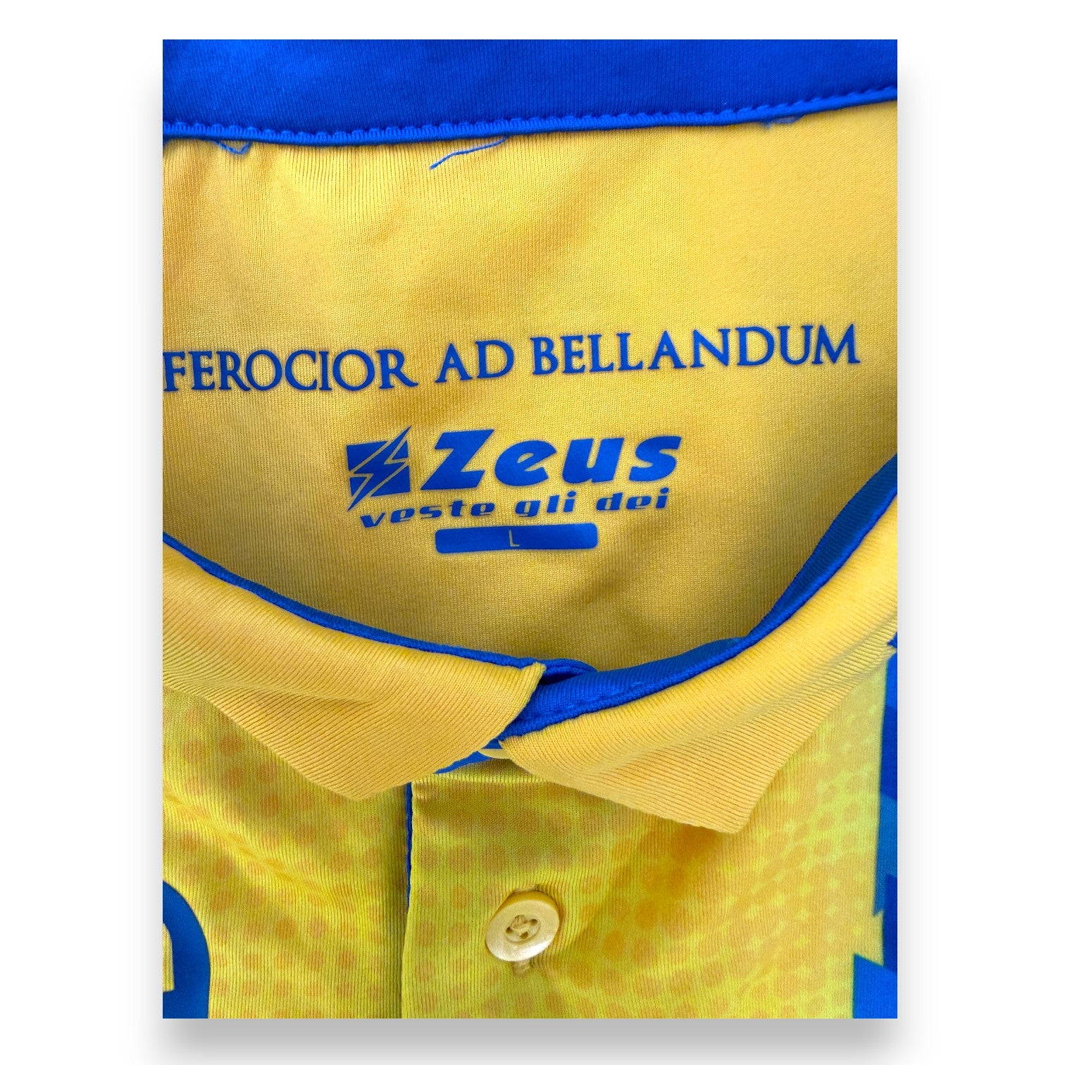Dettaglio colletto interno "Ferocior ad Bellandum" maglia Frosinone Home 2019-20 Zeus – taglia L – Francesco Verde N.4
