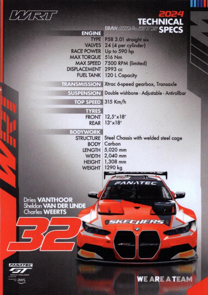Retro brochure WRT BMW M4 GT3 2024 scheda tecnica – Vanthoor Van der Linde Weerts numero 32 – Fanatec GT World Challenge Europe