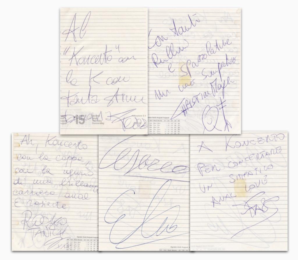 Autografi band completa Elio e Le Storie Tese – 6 firme su fogli di agenda – Elio Faso Cesareo Rocco Tanica Christian Meyer Feiez – lotto unico COA