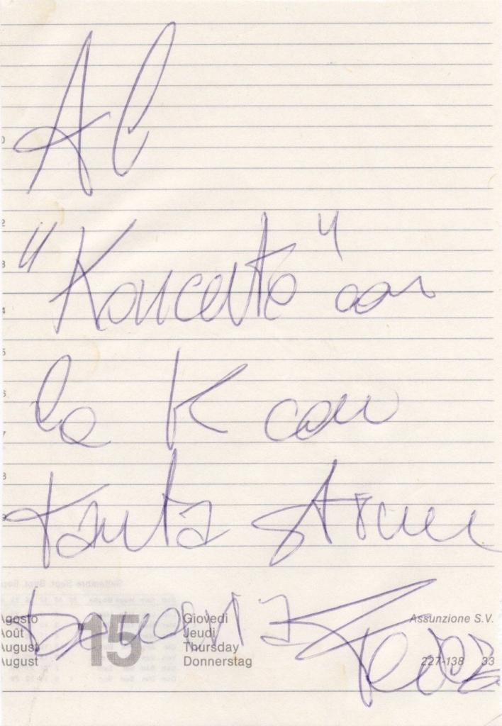 Autografo originale membro Elio e Le Storie Tese – foglio di agenda – dedica personalizzata a Koncerto – pennarello blu