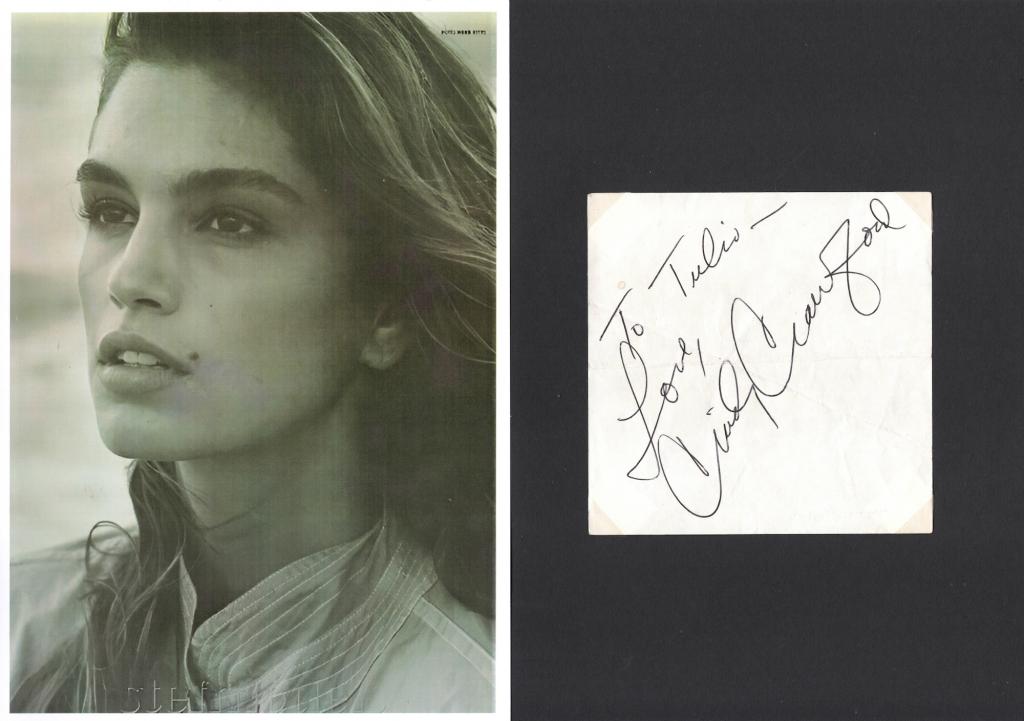 Dettaglio dedica autografa originale Cindy Crawford "To Tullio Love" + foto ritratto supermodella anni '90 – pezzo unico collezione moda