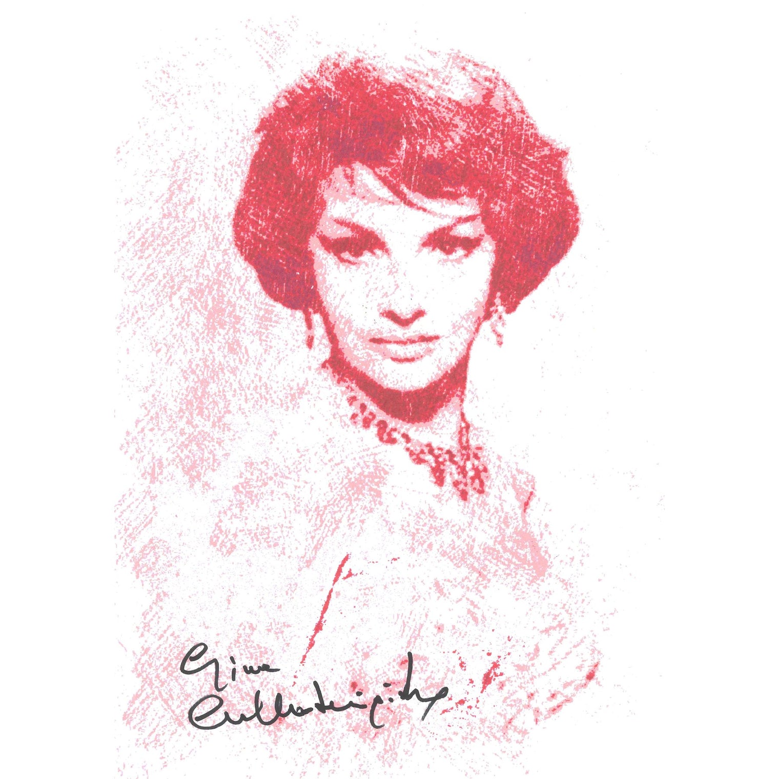 Autografo Gina Lollobrigida su cartoncino artwork – ritratto illustrato a matita colorata rosso e rosa – firma pennarello nero – 29,6x21 cm