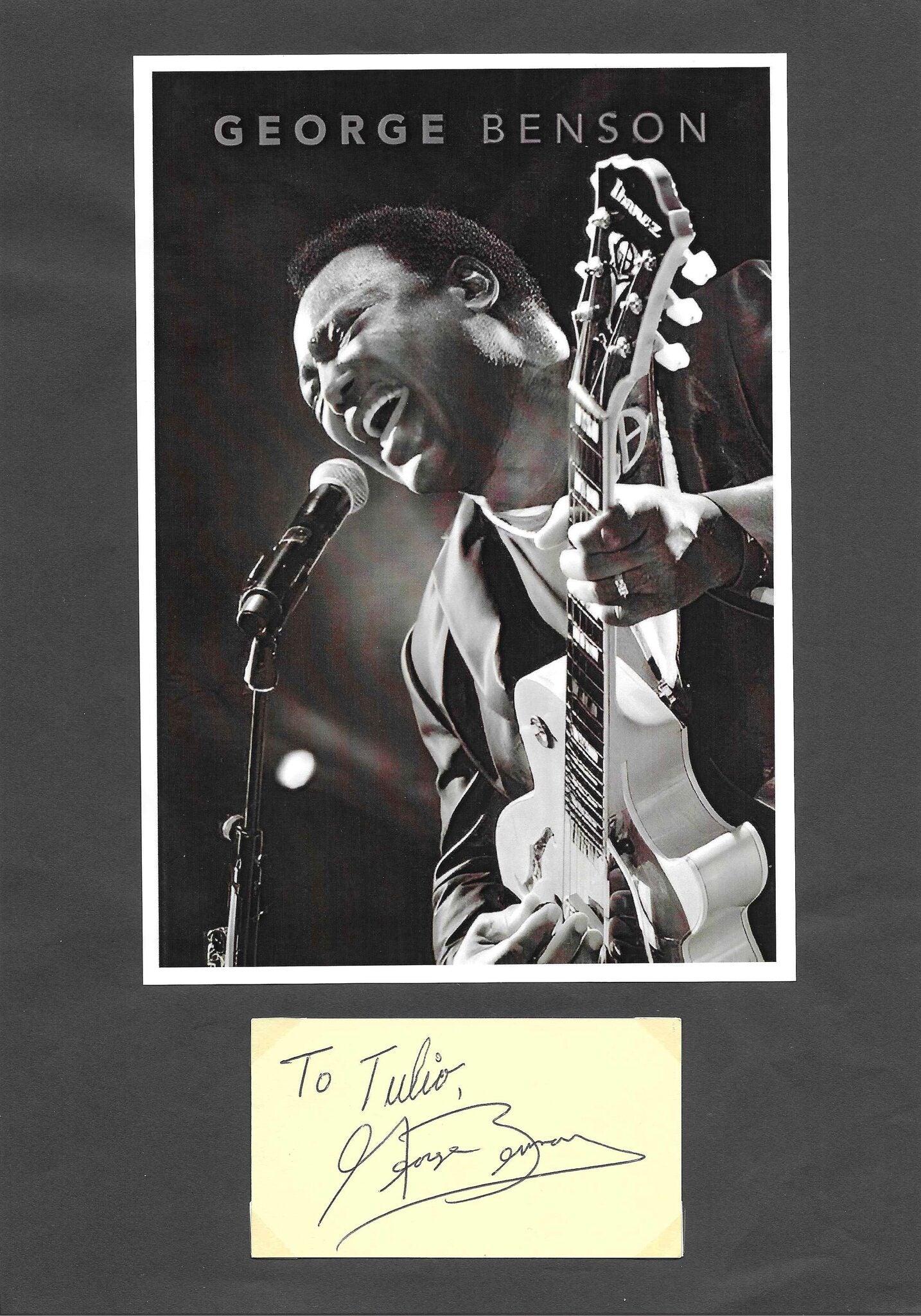 Cartoncino autografato George Benson dedica To Tulio – firma originale chitarrista jazz – MTM Memorabilia