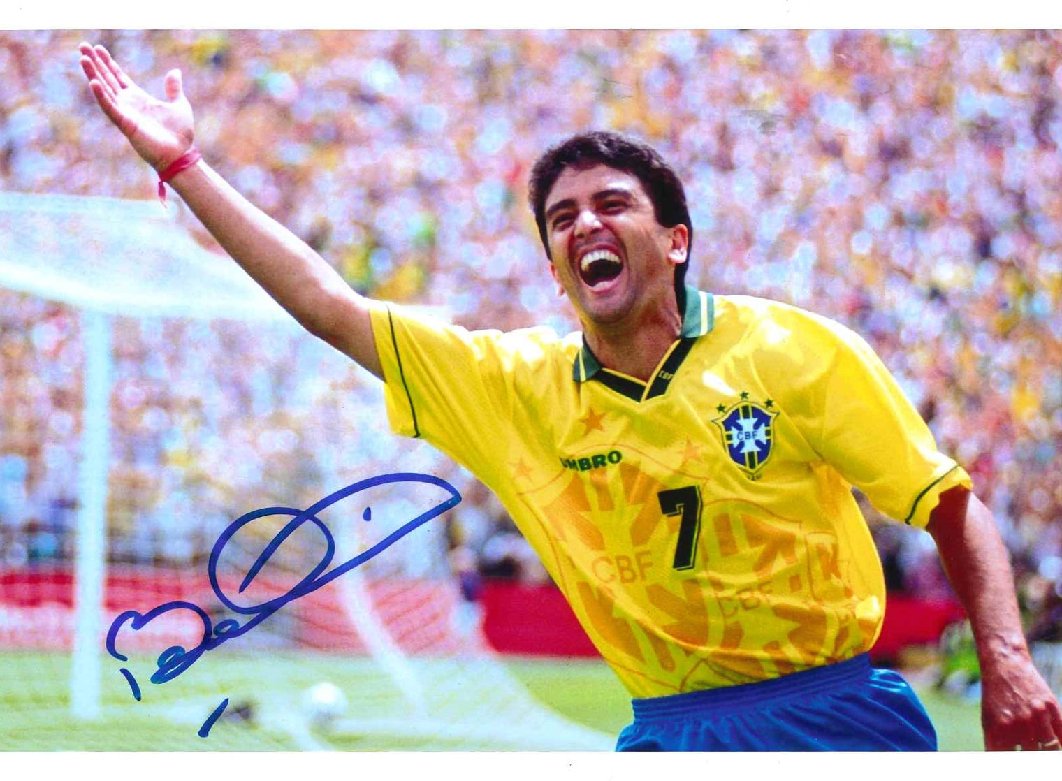 Fotografia autografata Bebeto – Brasile Mondiale USA 1994 esultanza del bambino dopo il gol contro l'Olanda – maglia Umbro N.7 – autografo originale pennarello blu – formato 20,3x15 cm