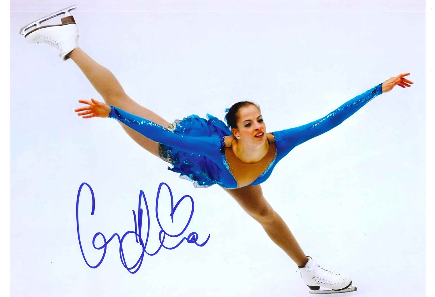 Fotografia autografata Carolina Kostner pattinaggio artistico – esibizione abito blu spiral – autografo originale pennarello blu – condizioni Excellent