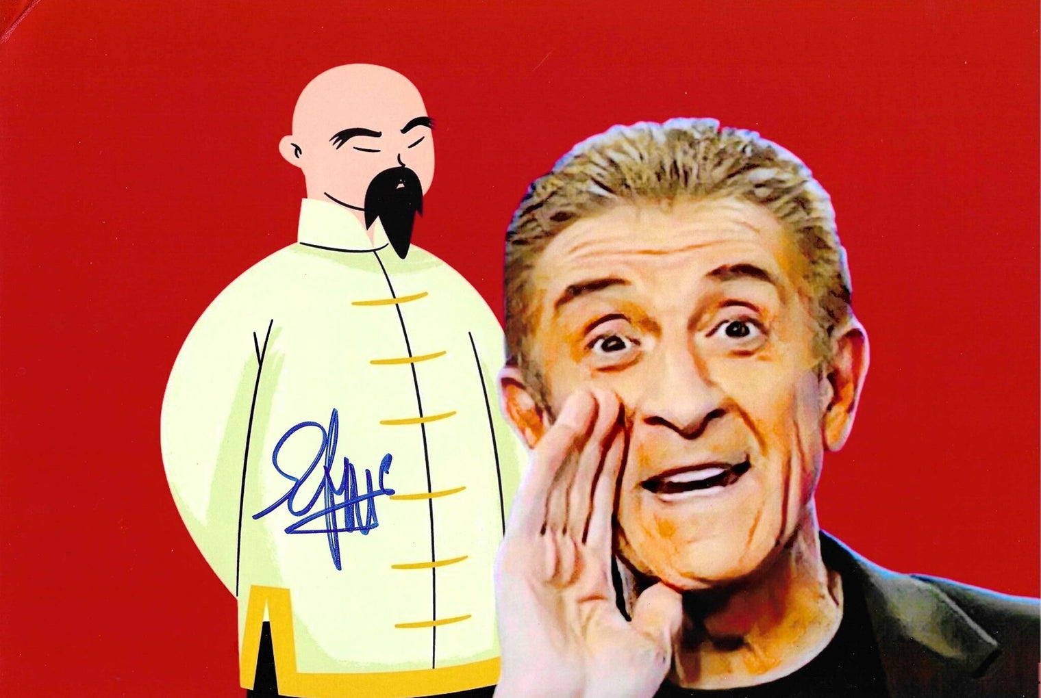 Fotografia autografata Ezio Greggio sfondo rosso personaggio animato – autografo blu originale – MTM Memorabilia