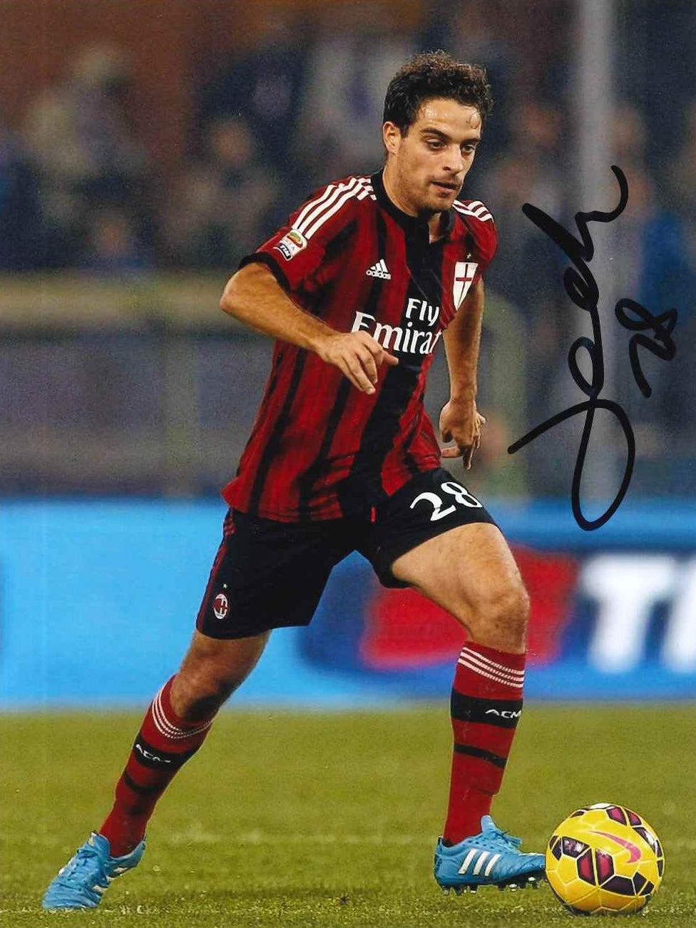 Fotografia autografata Giacomo Bonaventura Milan 2014-15 numero 28 – maglia adidas Fly Emirates rossonera – autografo originale pennarello nero – Excellent