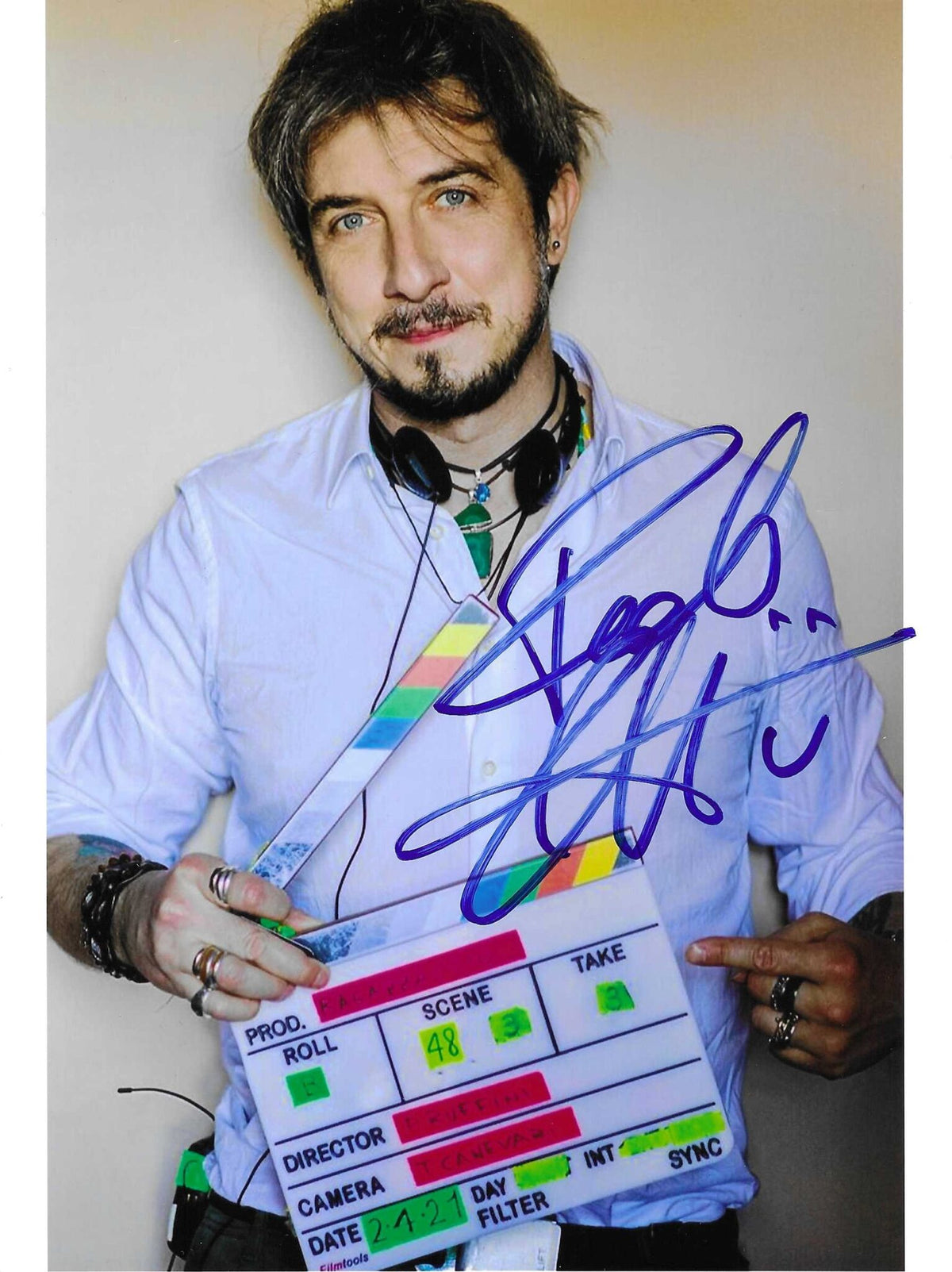 Fotografia autografata Paolo Ruffini regista sul set ciak – autografo blu originale – MTM Memorabilia