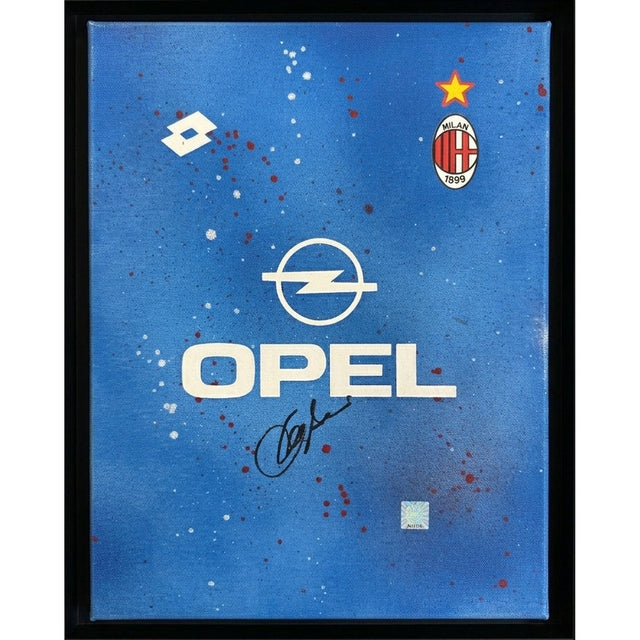 Frame Legends autografato Franco Baresi – tela artistica logo Opel sponsor AC Milan anni '90 – sfondo azzurro – autografo pennarello nero – adesivo olografico Certificato Witnessed – cornice nera 40x30 cm