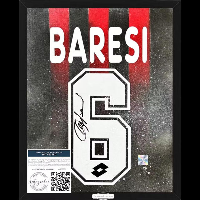 Frame Legends autografato Franco Baresi – artwork tela dipinta cognome e numero 6 AC Milan strisce rossonere logo Lotto – 40x30 cm con cornice – autografo originale pennarello nero – COA Associazione Autografia incluso – condizioni Excellent