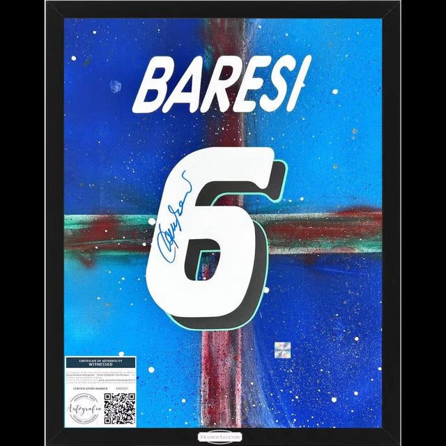 Frame Legends autografato Franco Baresi – artwork tela dipinta cognome e numero 6 Nazionale Italiana sfondo azzurro – 50x40 cm con cornice – autografo originale pennarello blu – COA Associazione Autografia incluso – condizioni Excellent