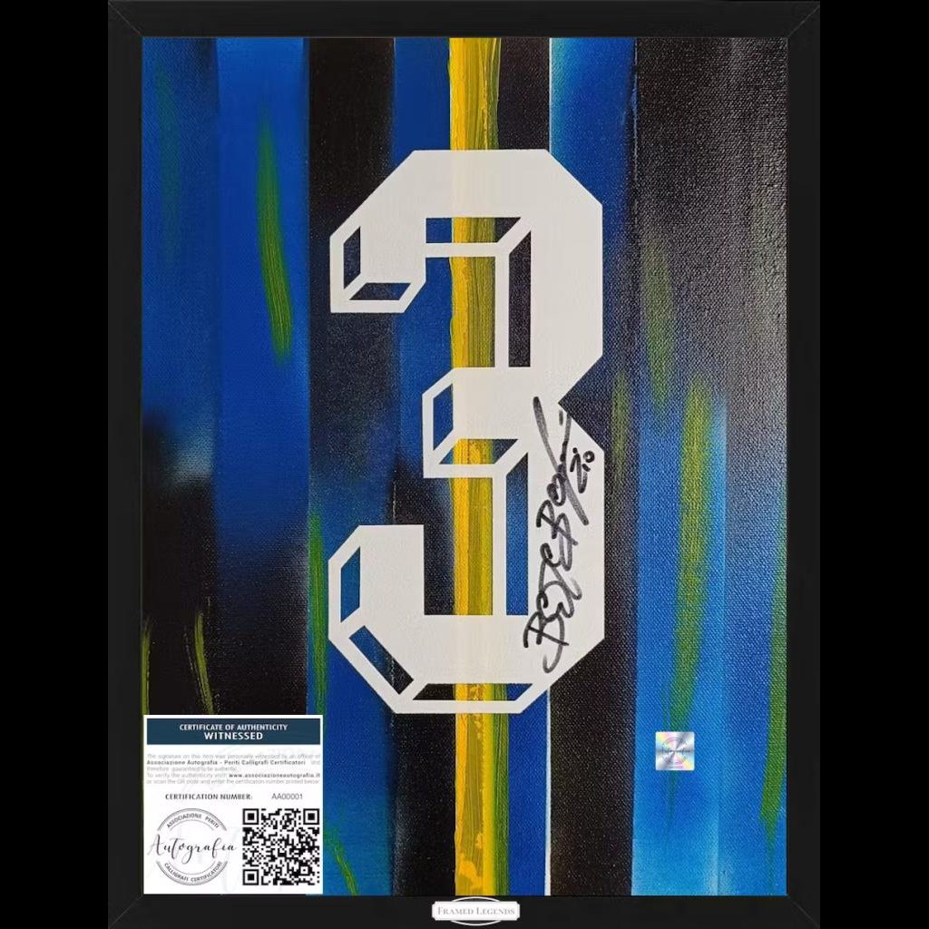 Frame Legends autografato Giuseppe Bergomi – artwork tela dipinta numero 3 Inter sfondo nerazzurro pennellate blu verde oro – 40x30 cm con cornice – autografo originale pennarello nero – COA Associazione Autografia incluso – condizioni Excellent