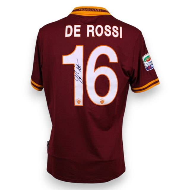 Retro maglia AS Roma Home 2013/14 cognome DE ROSSI stampato bianco bordato arancio numero 16 grande autografo Daniele De Rossi pennarello nero patch Serie A TIM manica