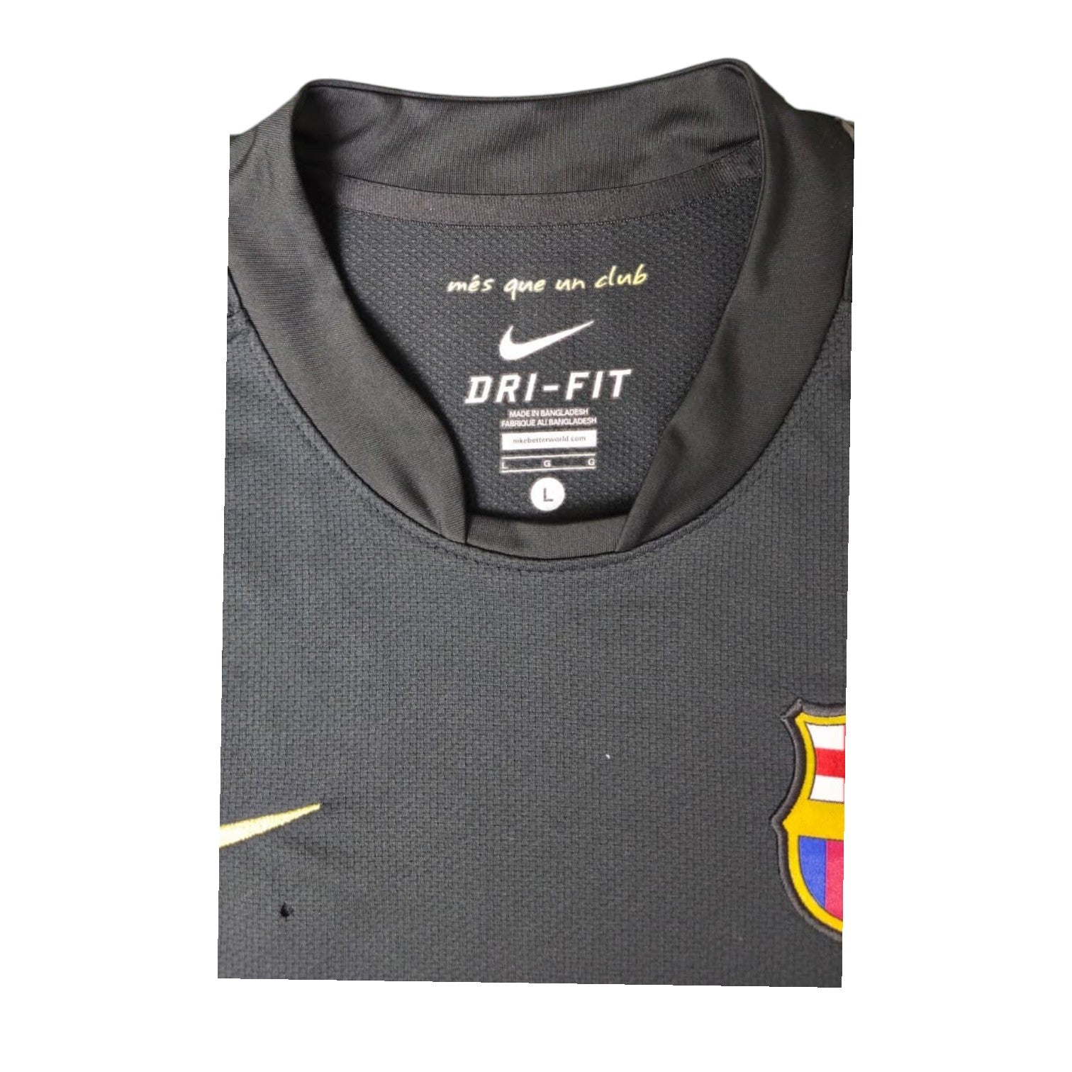 Colletto maglia Barcellona Away 2011-12 Nike Dri-FIT – etichetta taglia L més que un club e stemma FCB