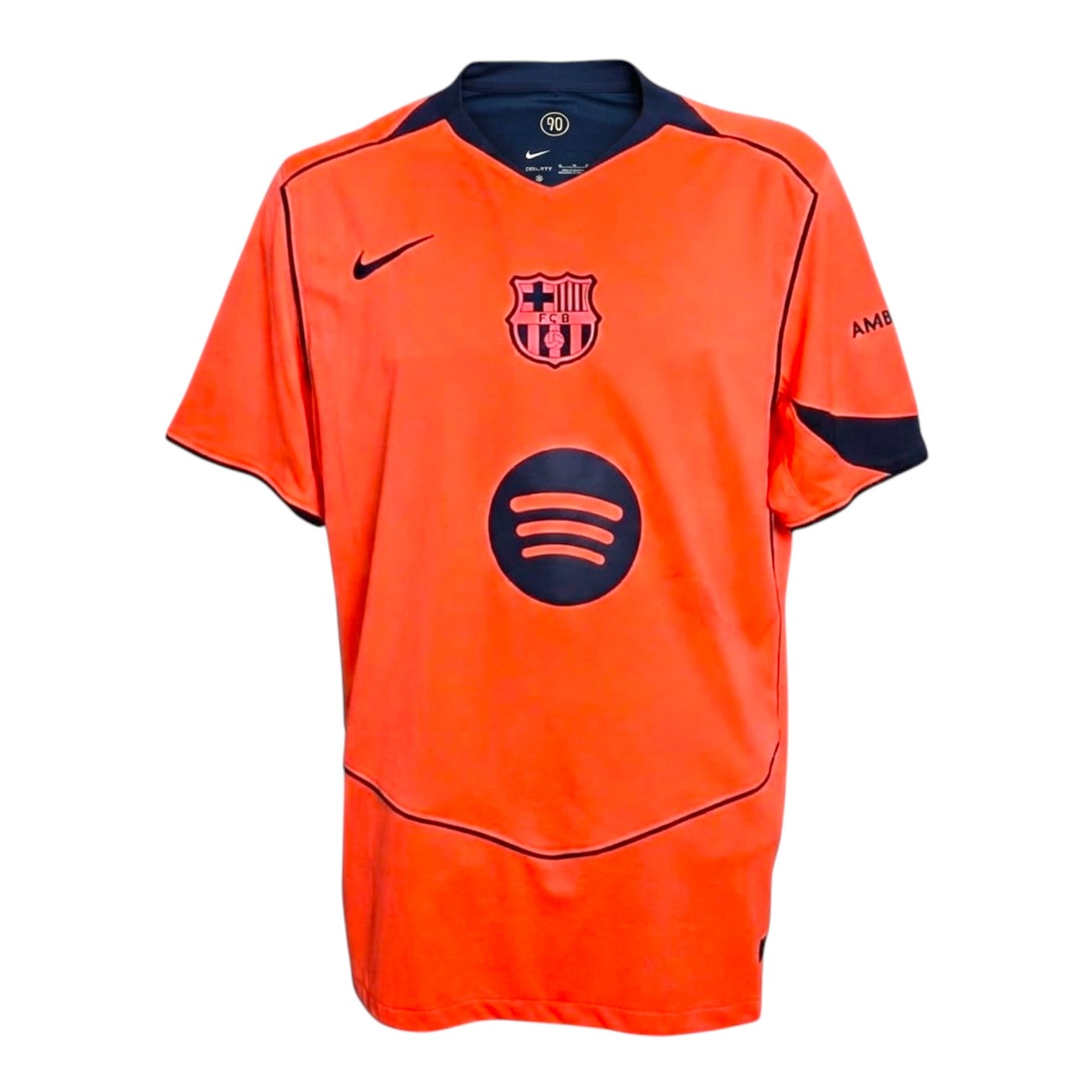 Maglia Barcellona Third 2025-26 Lamine Yamal Nike arancione – sponsor Spotify stemma FCB e dettagli navy
