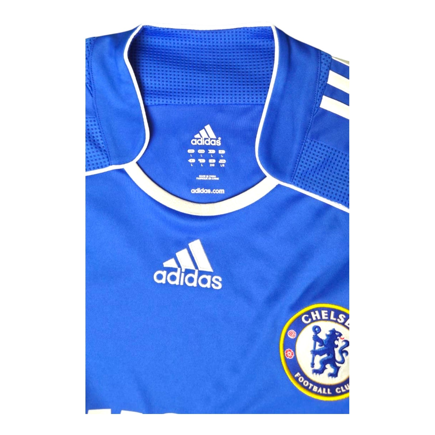 Dettaglio colletto e stemma Chelsea FC maglia Home 2006-07 Adidas – swoosh bianco taglia L Made in China