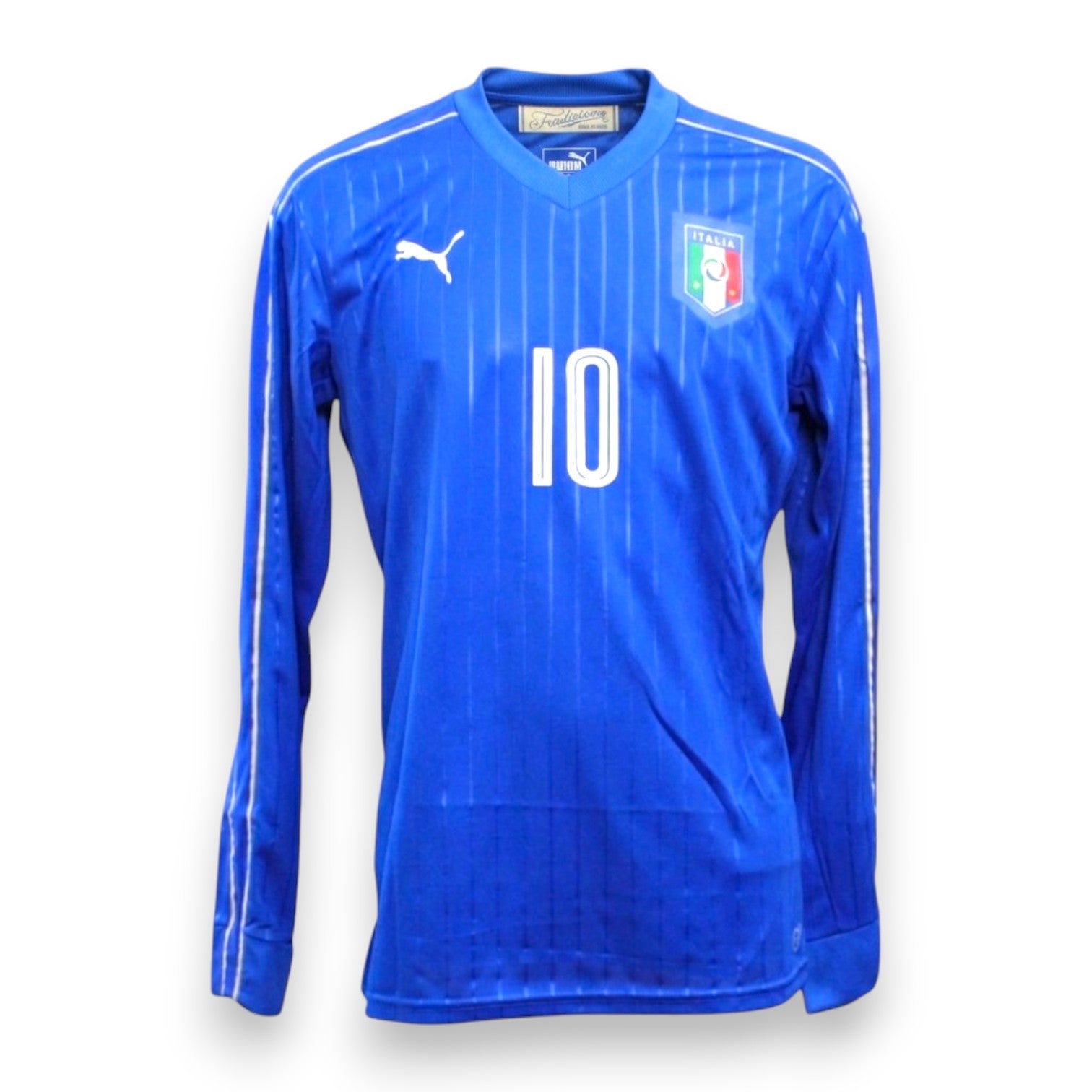 Maglia Italia Home Euro 2016 Tavecchio Store autografata fronte – Puma azzurra manica lunga pinstripes dorati numero 10 stemma FIGC
