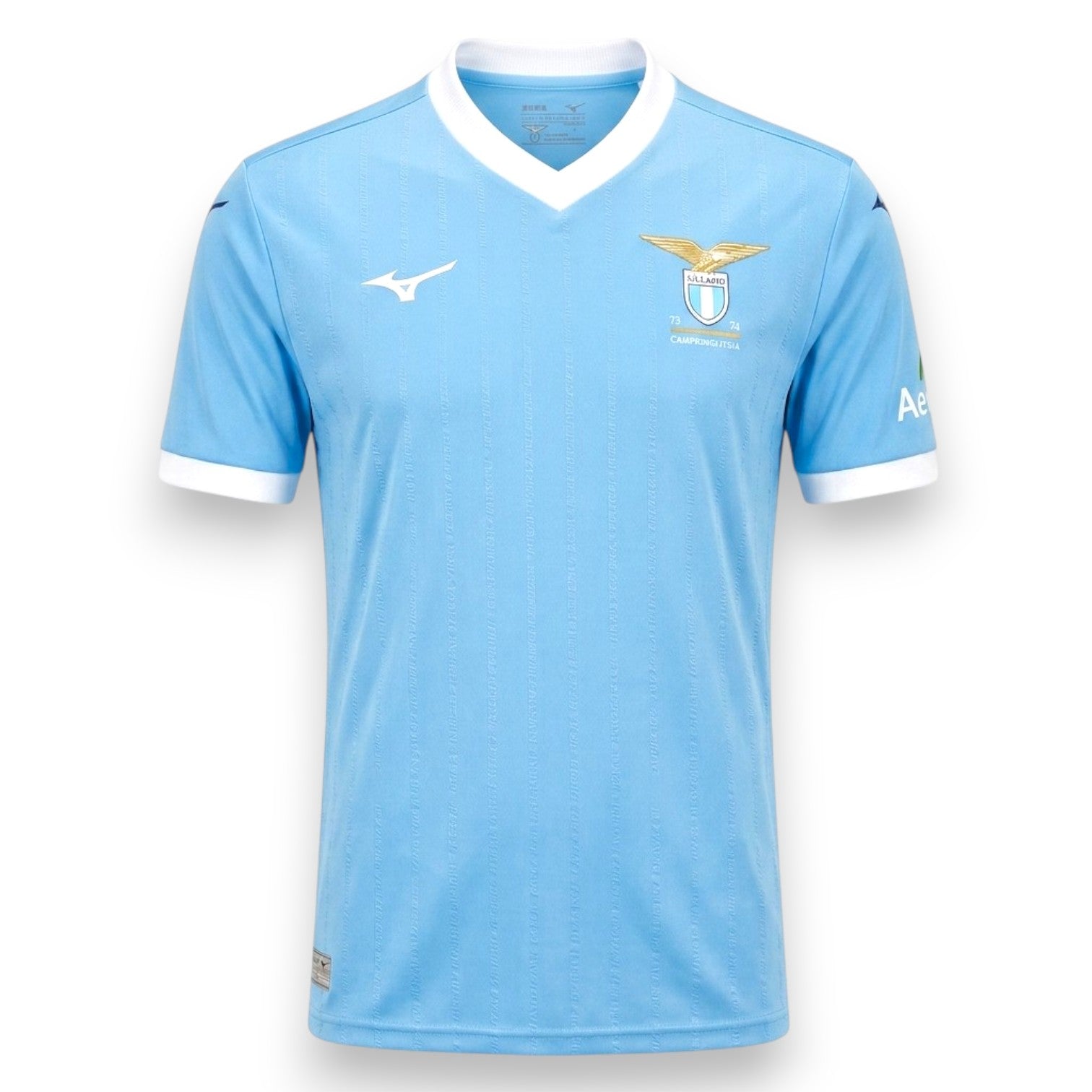 Maglia Lazio 50° Anniversario Scudetto 1973-74 Mizuno – banner dorato Campioni d'Italia – aquila ricamata oro – condizioni Excellent