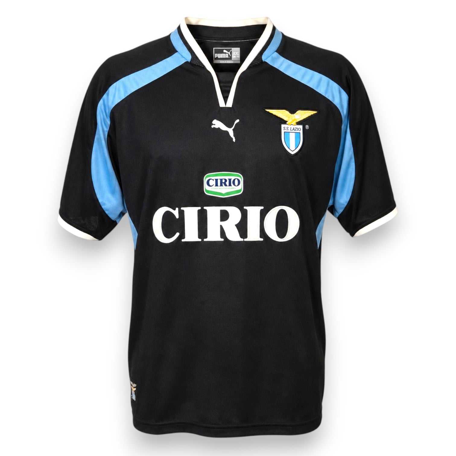 Maglia Lazio Away 2000-01 numero 11 Puma – nera sponsor Cirio inserti celesti colletto a V – Vintage Serie A
