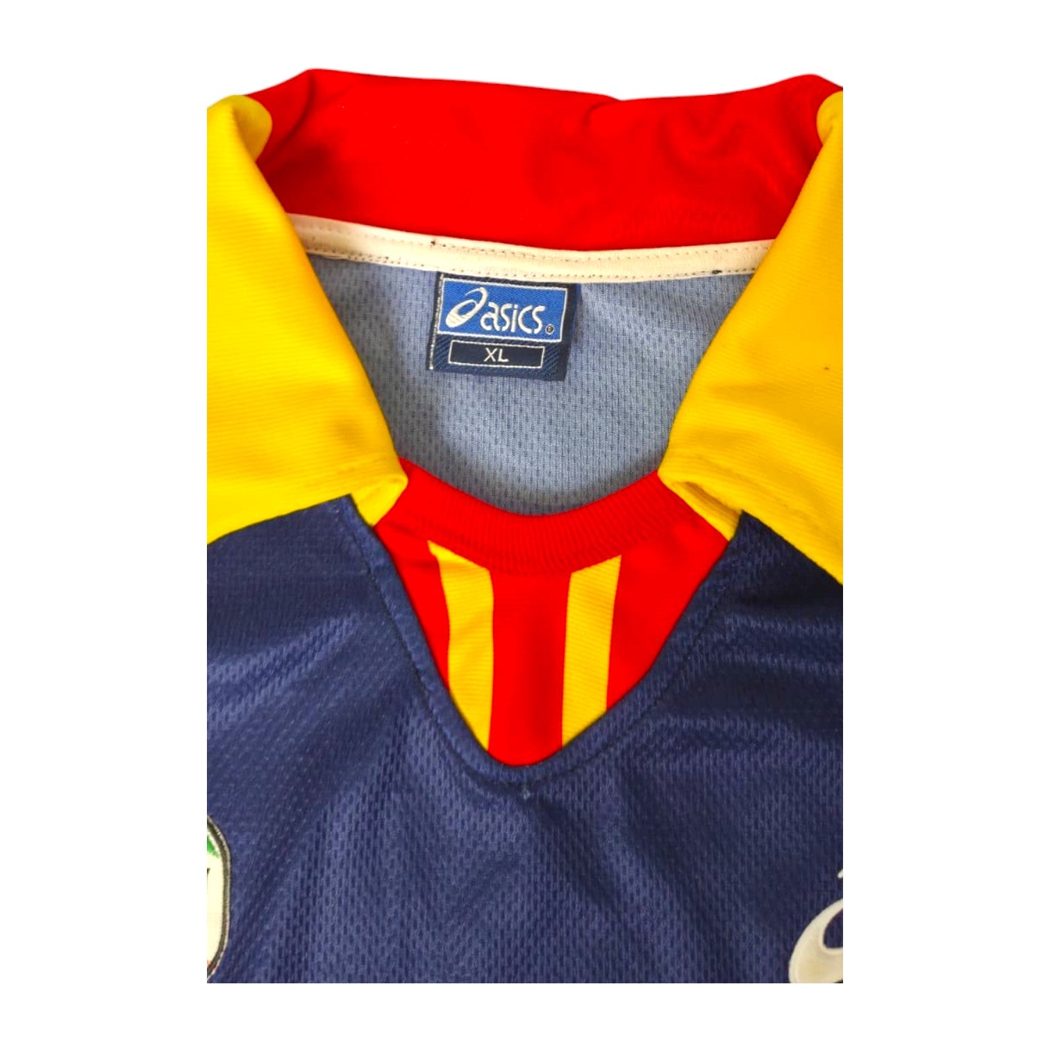 Collo maglia US Lecce Away 2000-01 etichetta Asics taglia XL – colletto a polo giallo e rosso – Player Issued