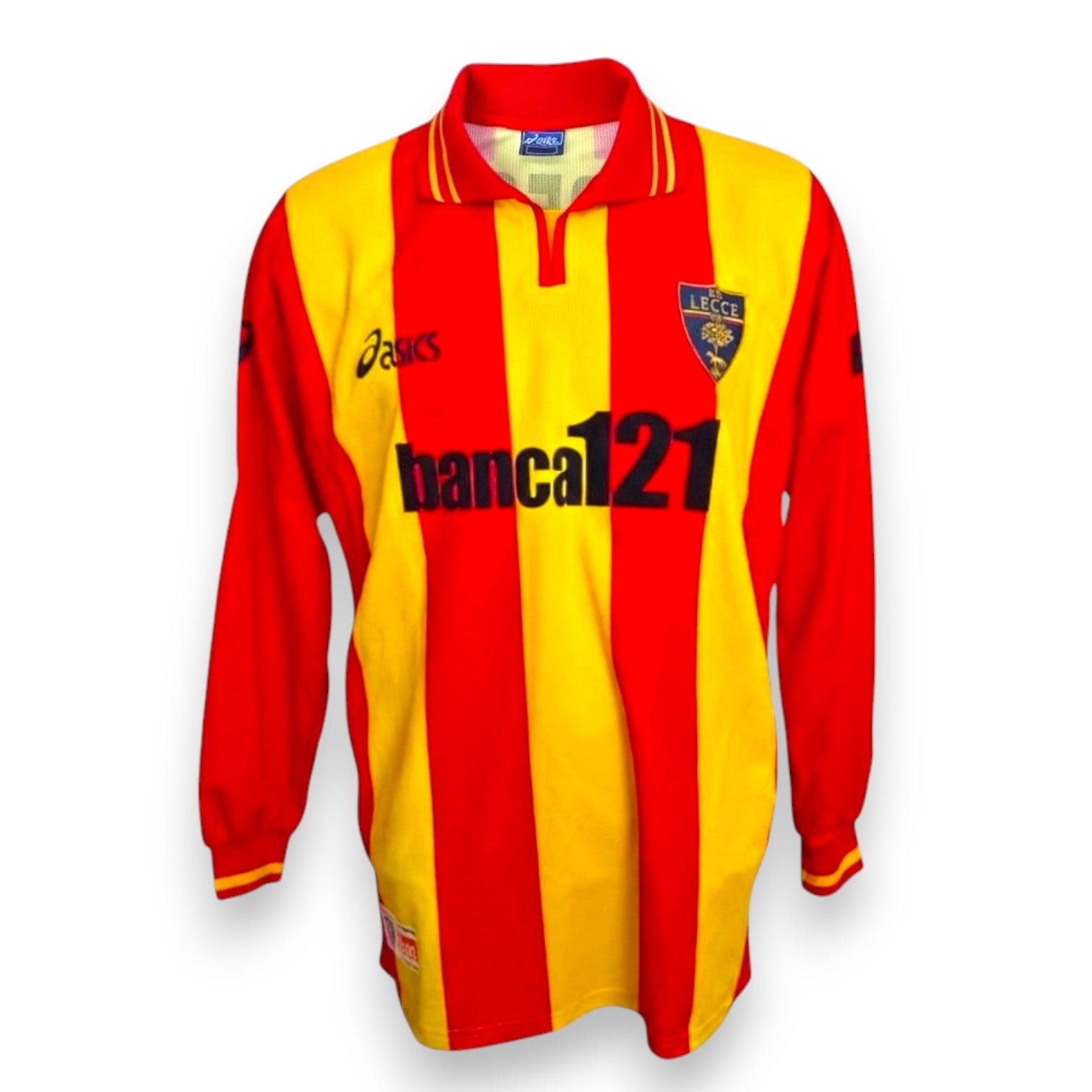 Maglia US Lecce Home 2001-02 giallorossa Player Issued Gheorghe Popescu – Asics – sponsor banca121 – manica lunga